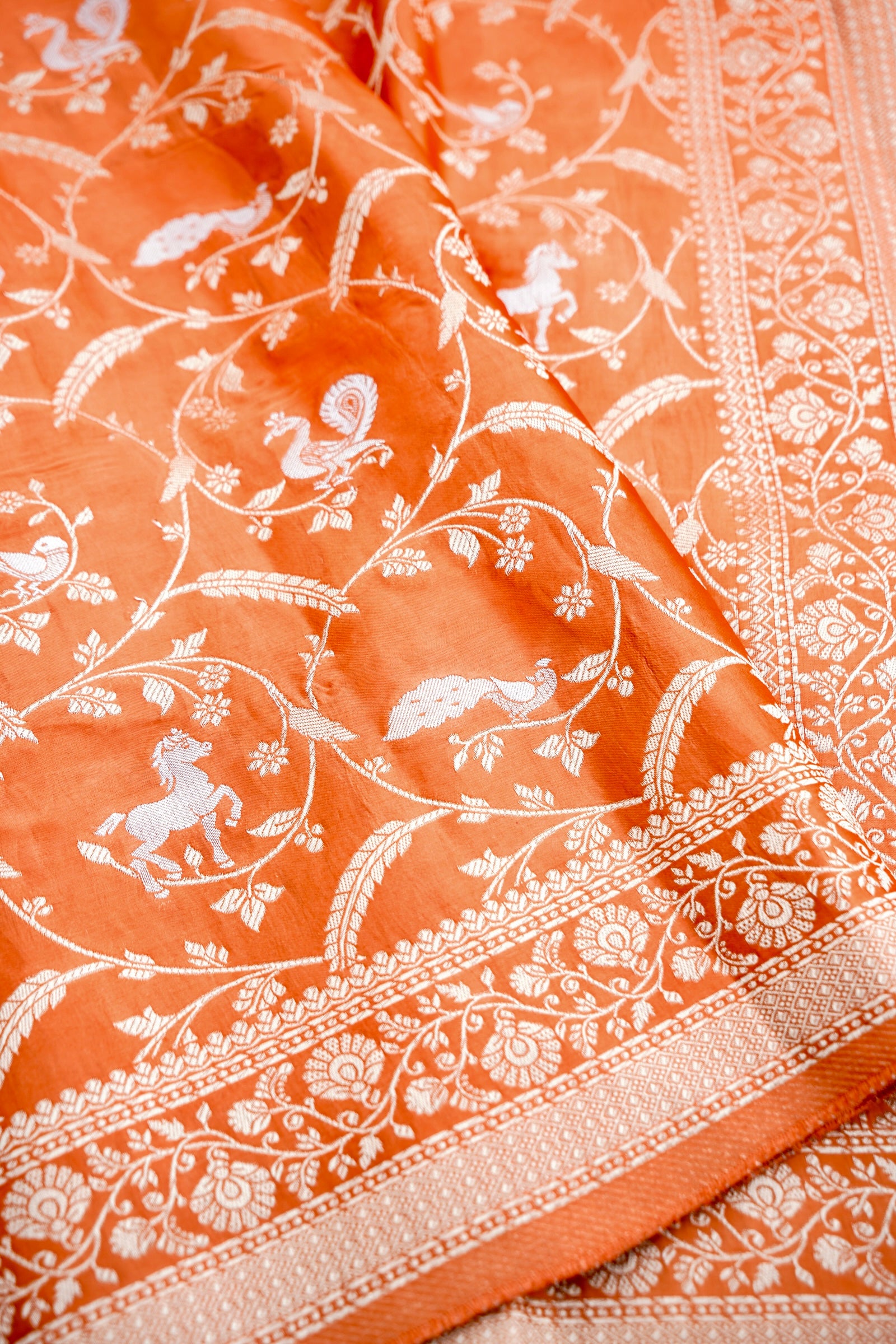 Orange Mashru Jaal Shikargah Banarasi Saree