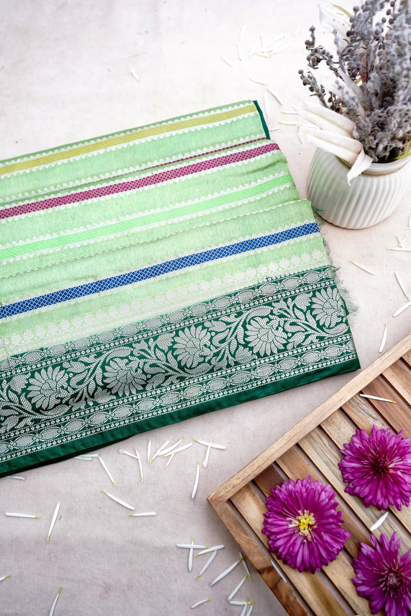 Green Raw Mango Silk Meena Striped Saree