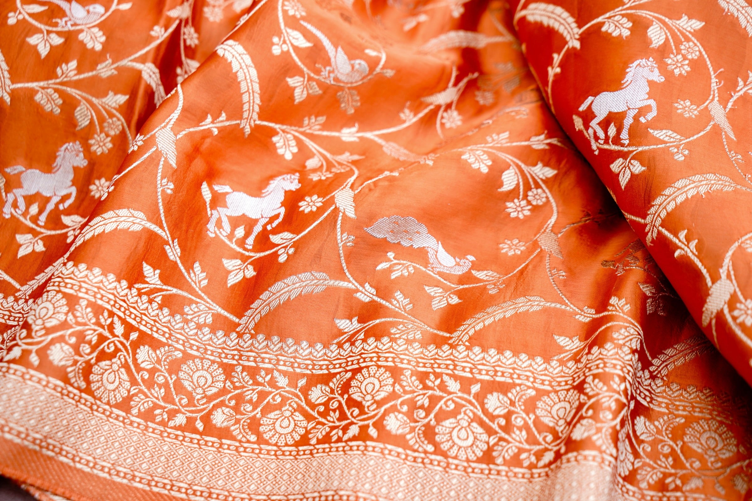 Orange Mashru Jaal Shikargah Banarasi Saree