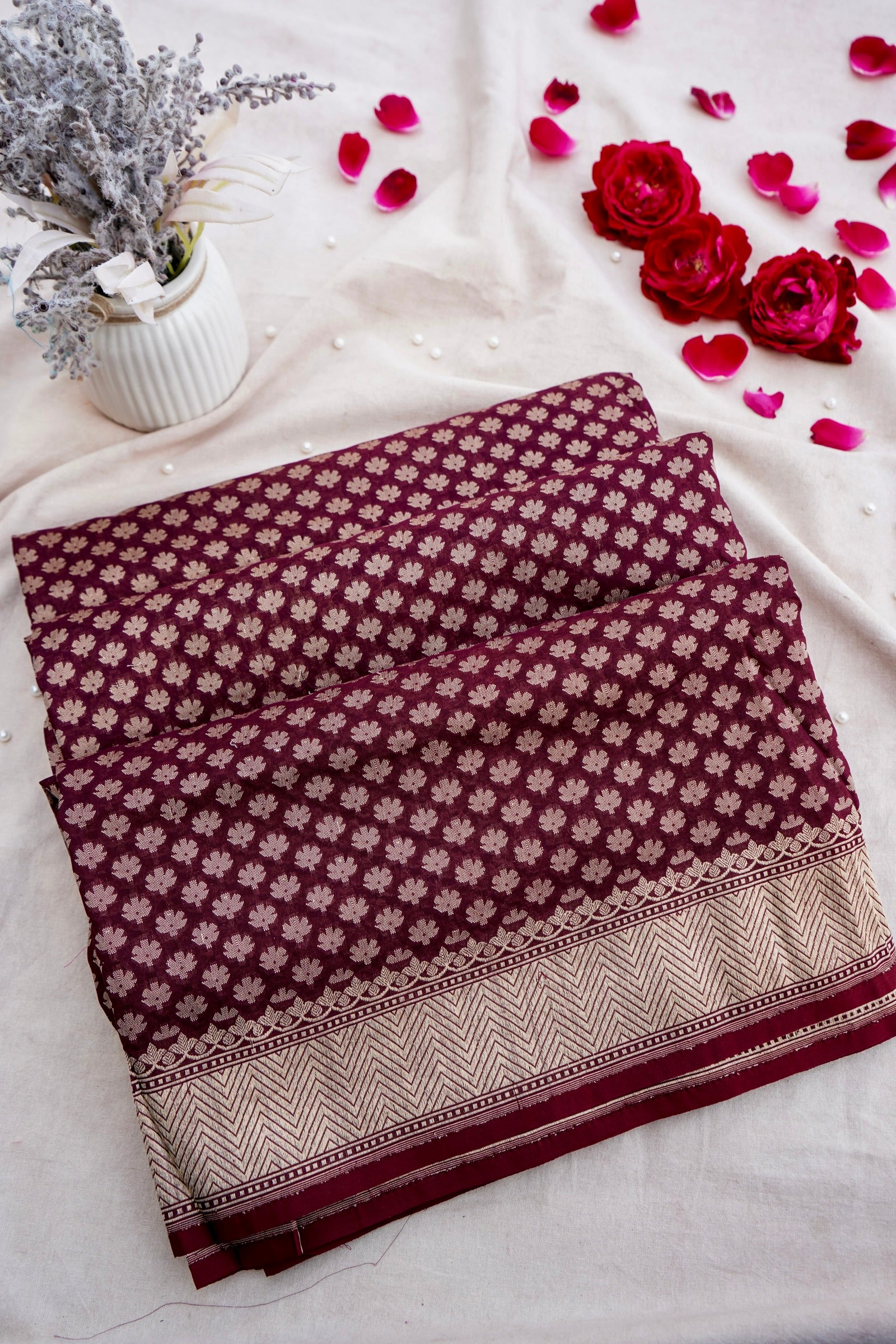 Maroon Pure Cotton Kataan Silk Jangla Handloom Banarasi Saree