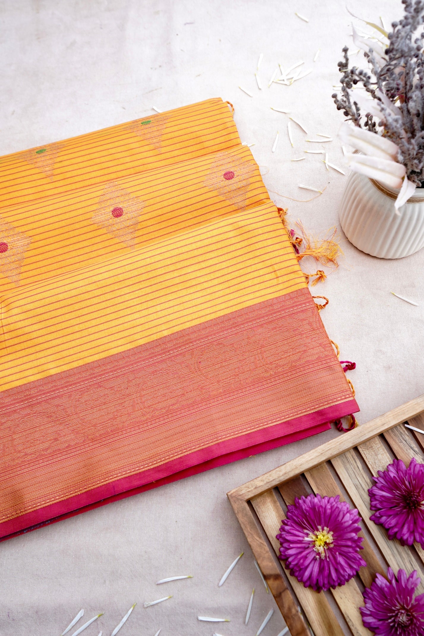 Yellow Banarasi Soft Silk Saree with Contrast Border