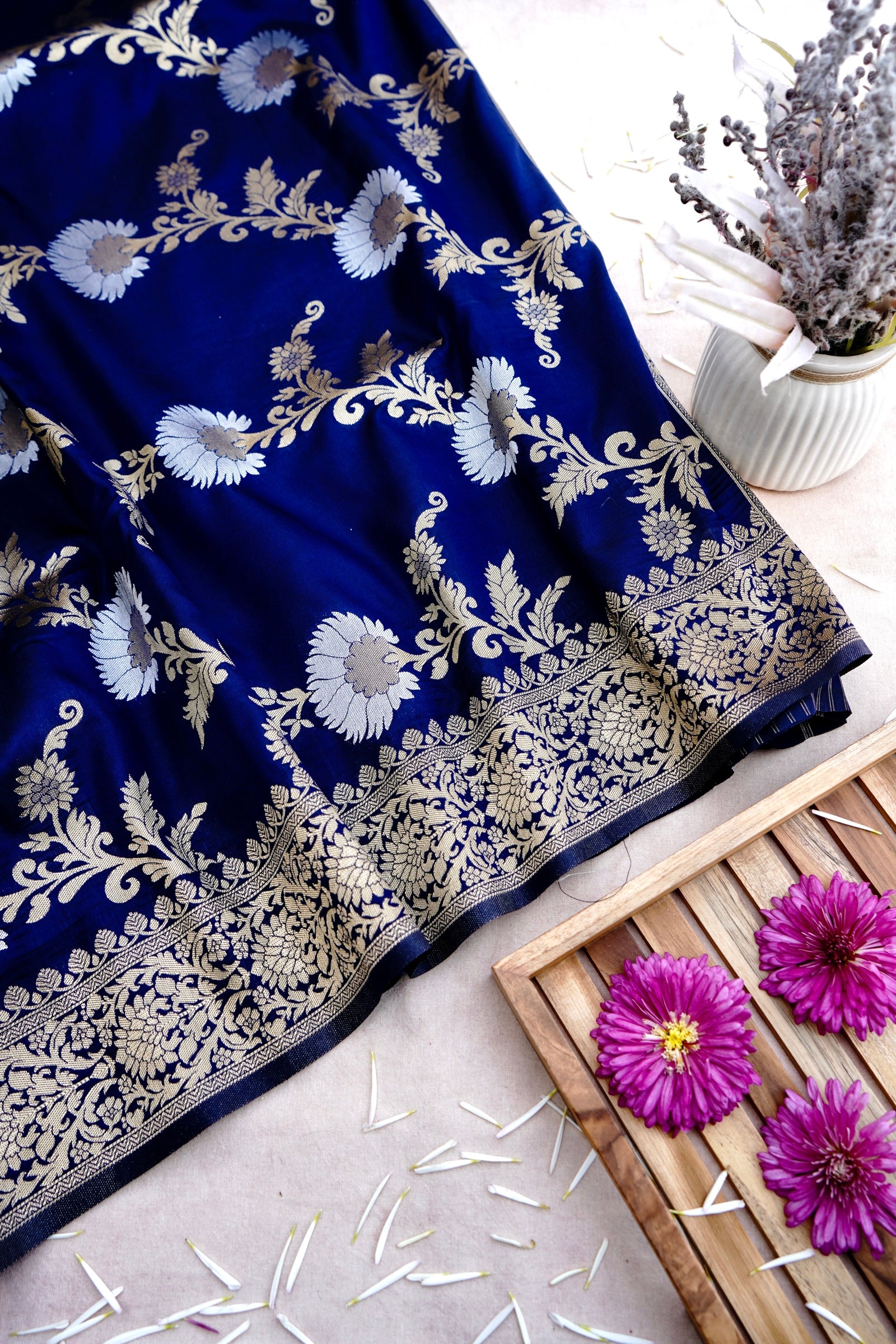 Blue Banarasi Silk Saree with Zari Floral Jaal