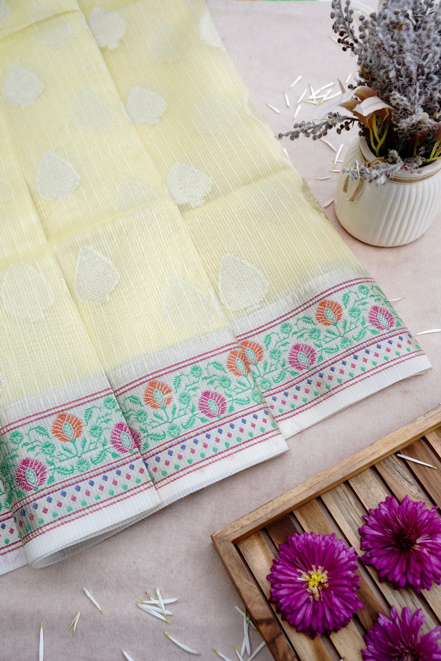 Kota Silk Lemon Yellow Buta Woven Banarasi Saree with Paithani Border