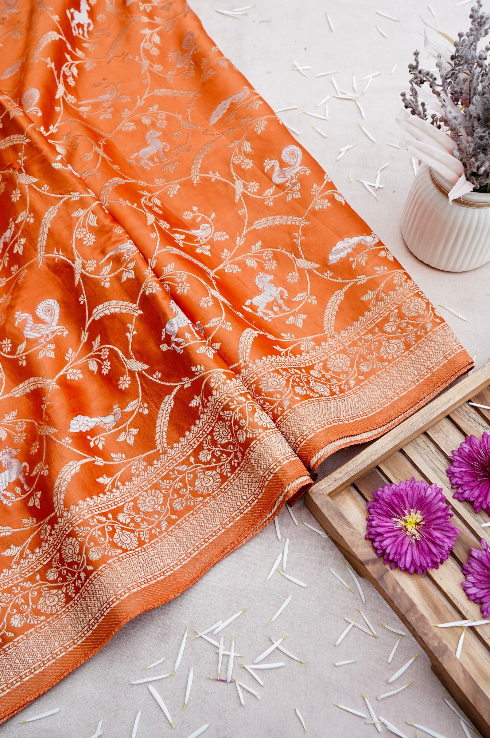 Orange Mashru Jaal Shikargah Banarasi Saree