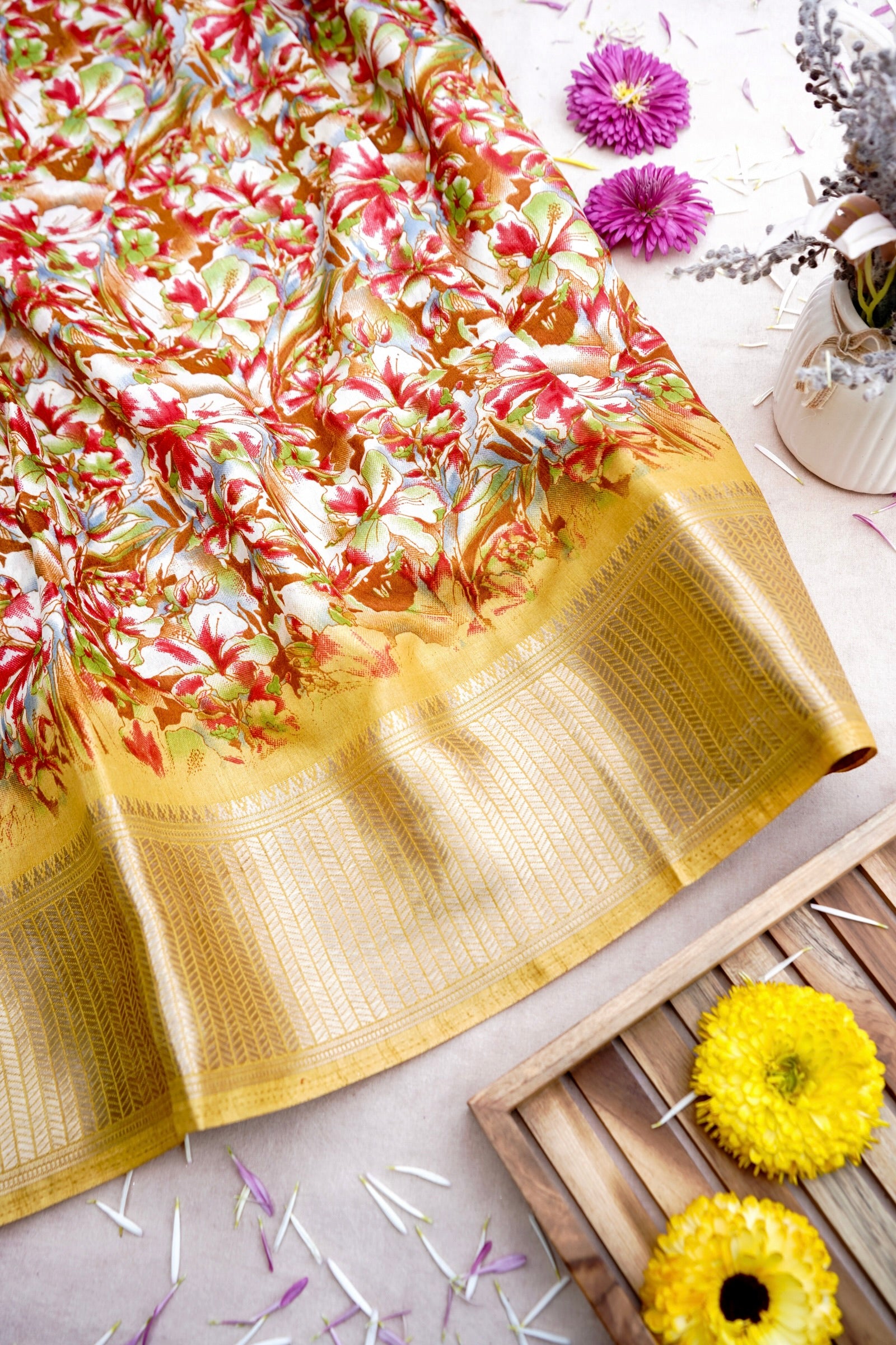 Yellow Chanderi Cotton Floral Digital Print Banarasi Saree