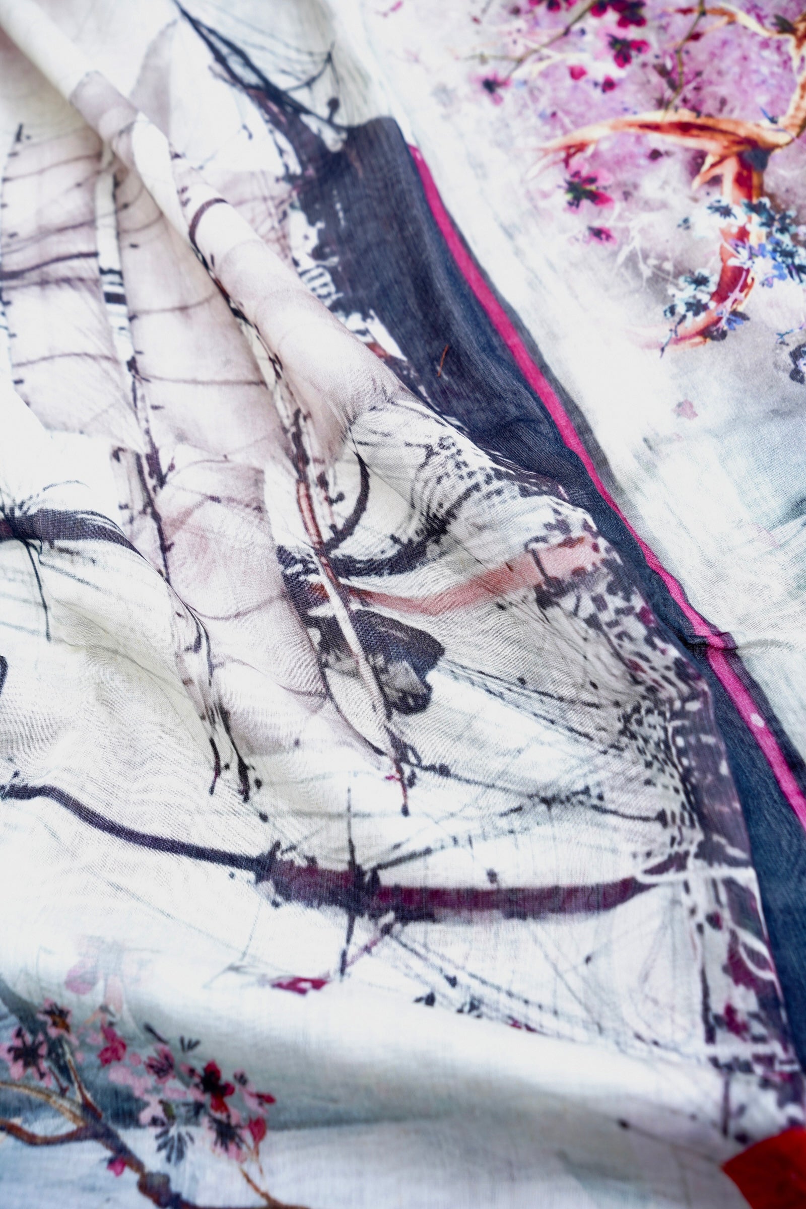 White Chanderi Silk Floral Digital Print Banarasi Saree