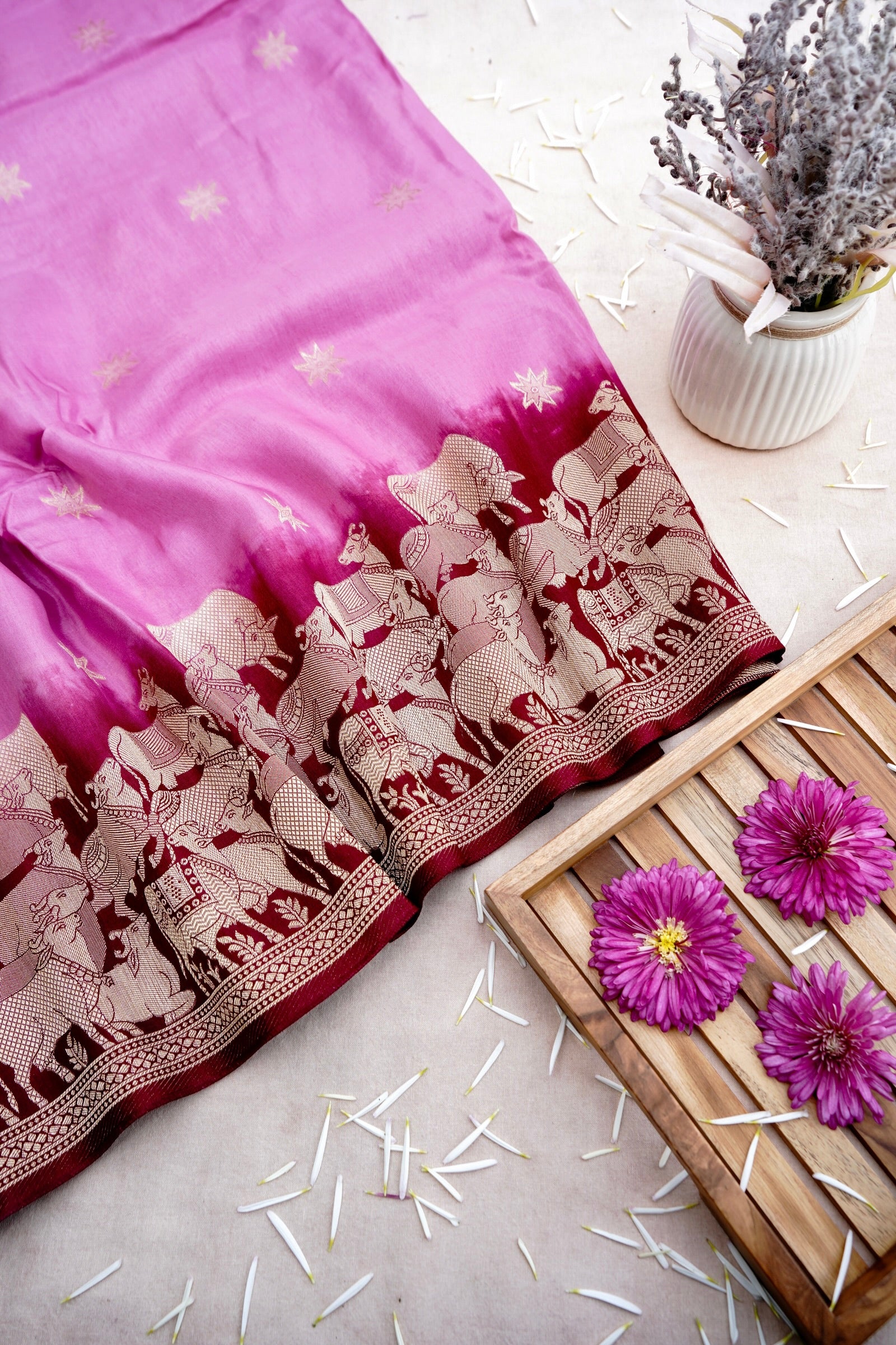 Pink Banarasi Munga Crepe Saree with Shikargah