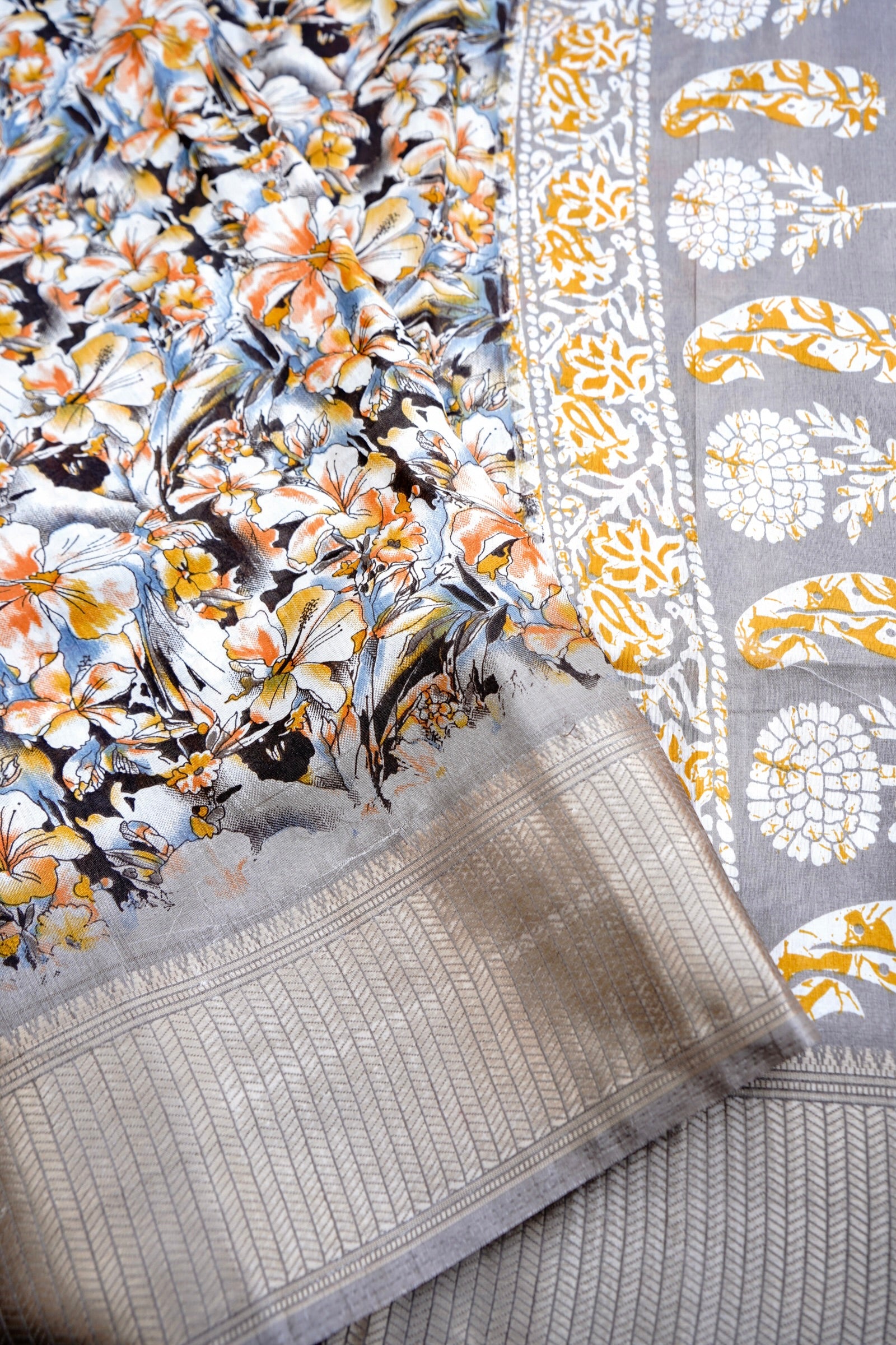 Beige Chanderi Cotton Floral Digital Print Banarasi Saree