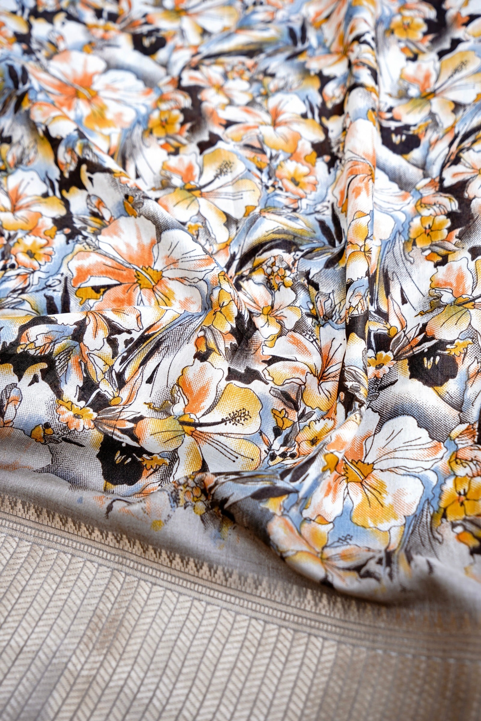 Beige Chanderi Cotton Floral Digital Print Banarasi Saree