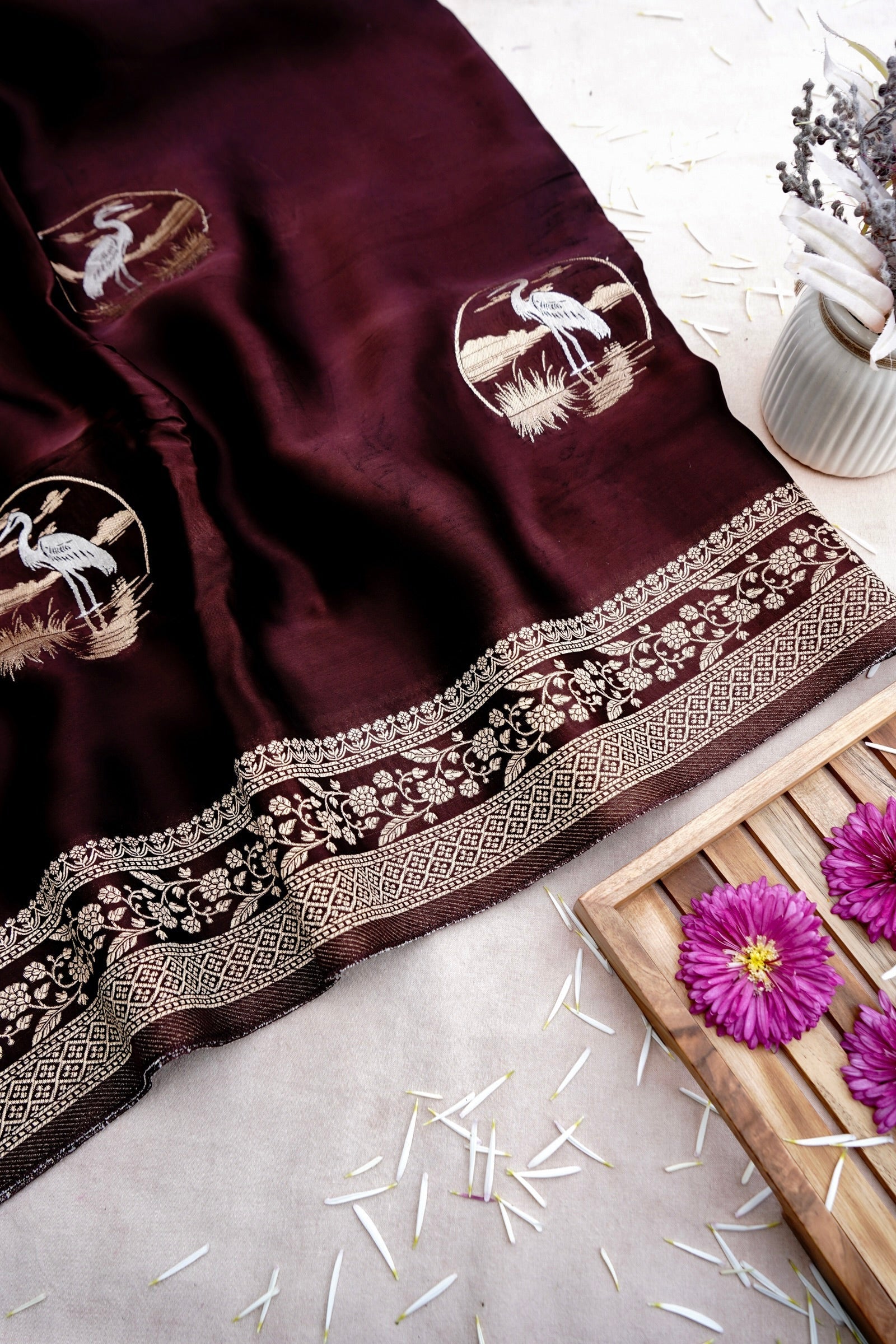 Brown Handwoven Satin Banarasi Saree Shikargah Zari Work