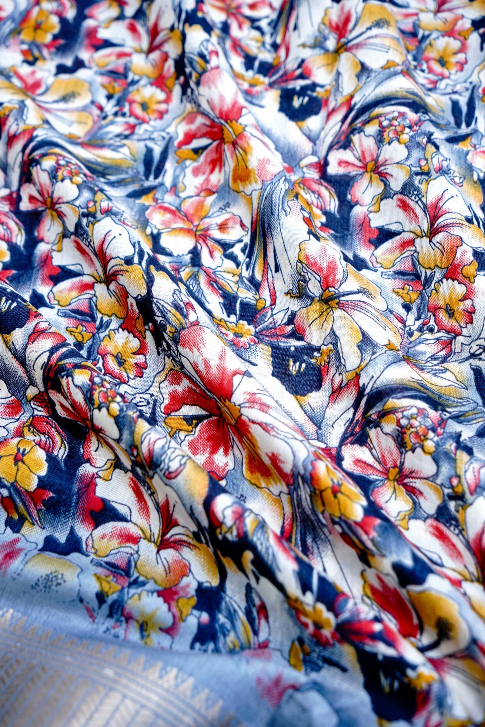 Grey Chanderi Cotton Silk Floral Digital Print Banarasi Saree