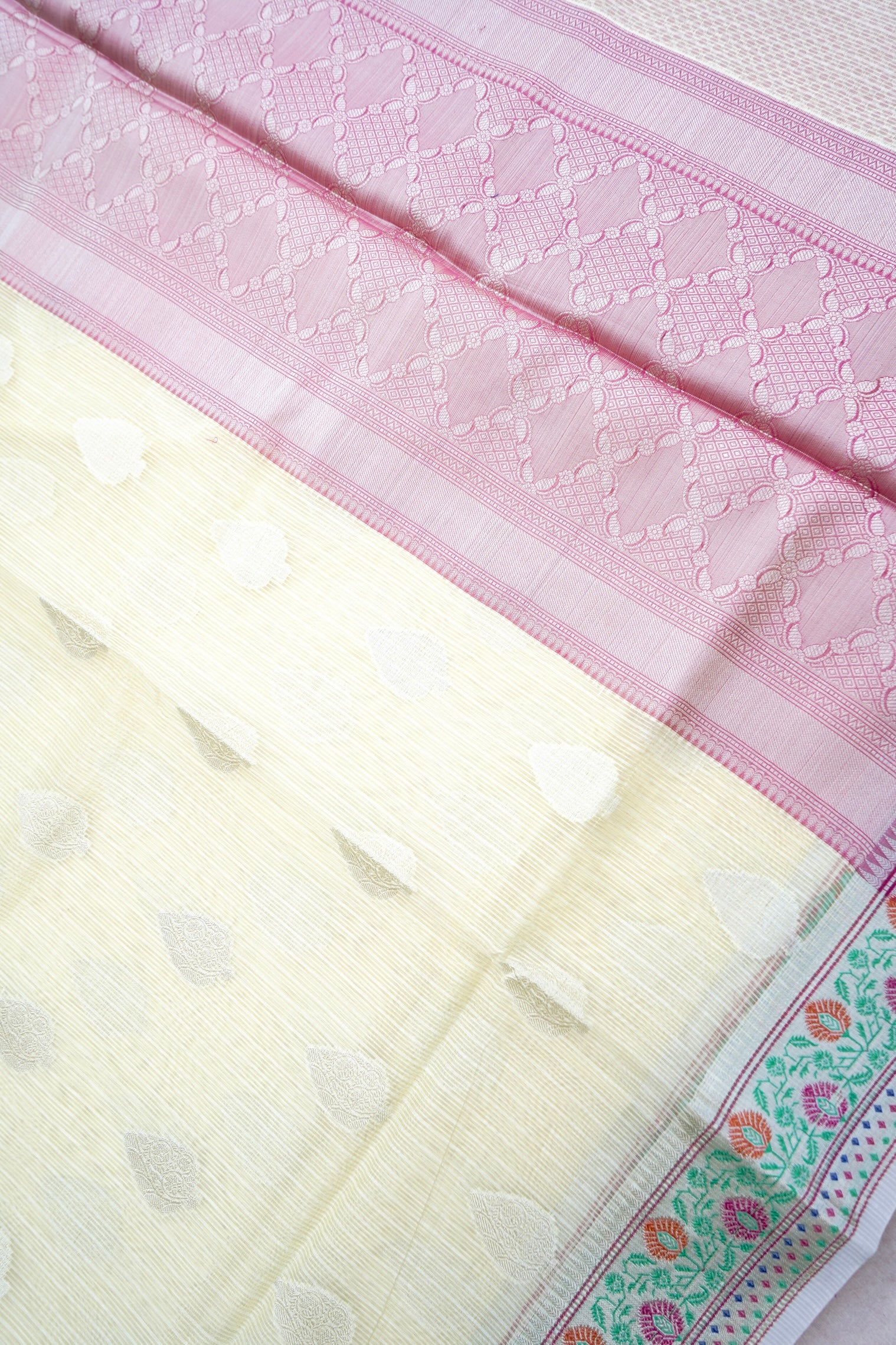 Kota Silk Lemon Yellow Buta Woven Banarasi Saree with Paithani Border