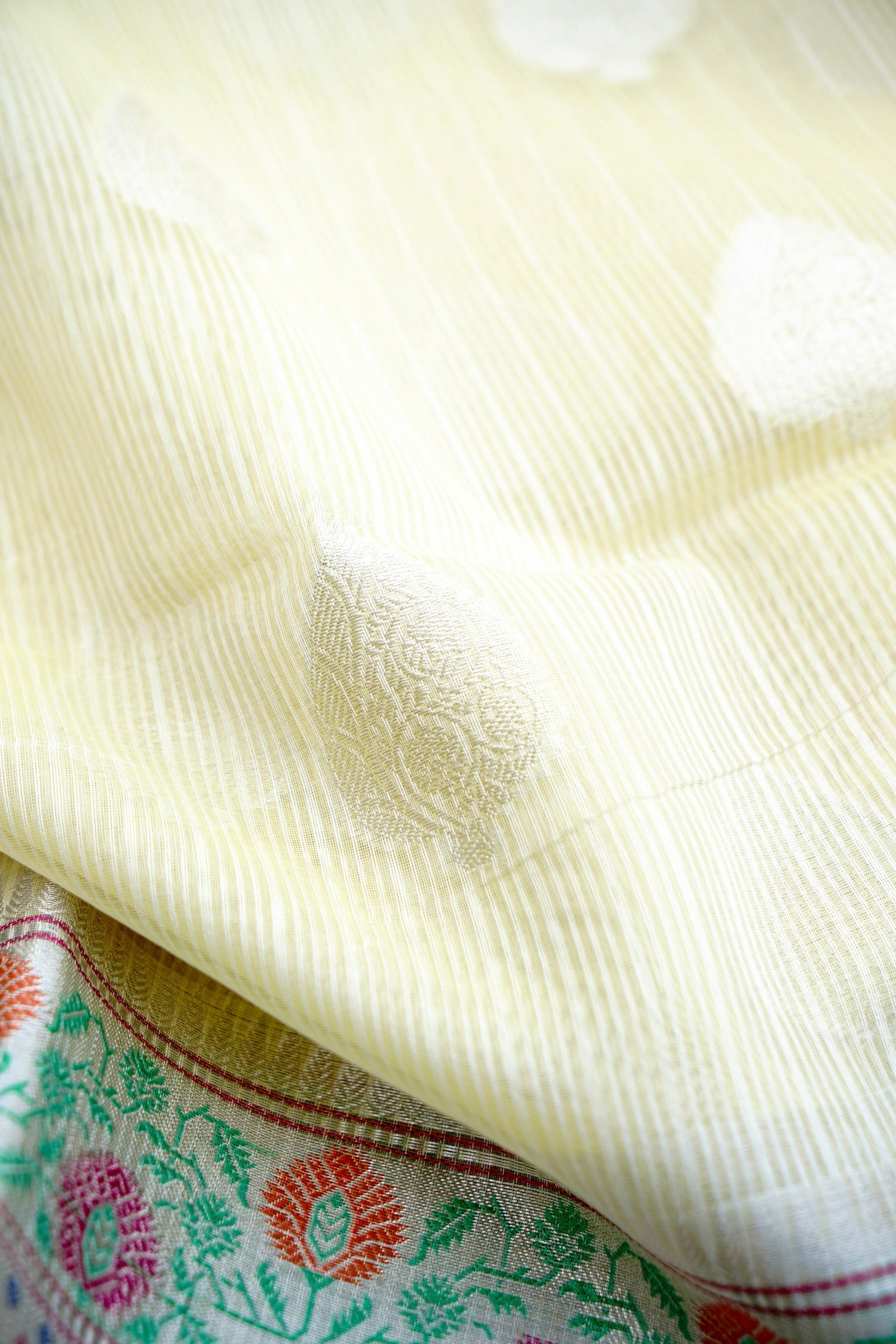 Kota Silk Lemon Yellow Buta Woven Banarasi Saree with Paithani Border