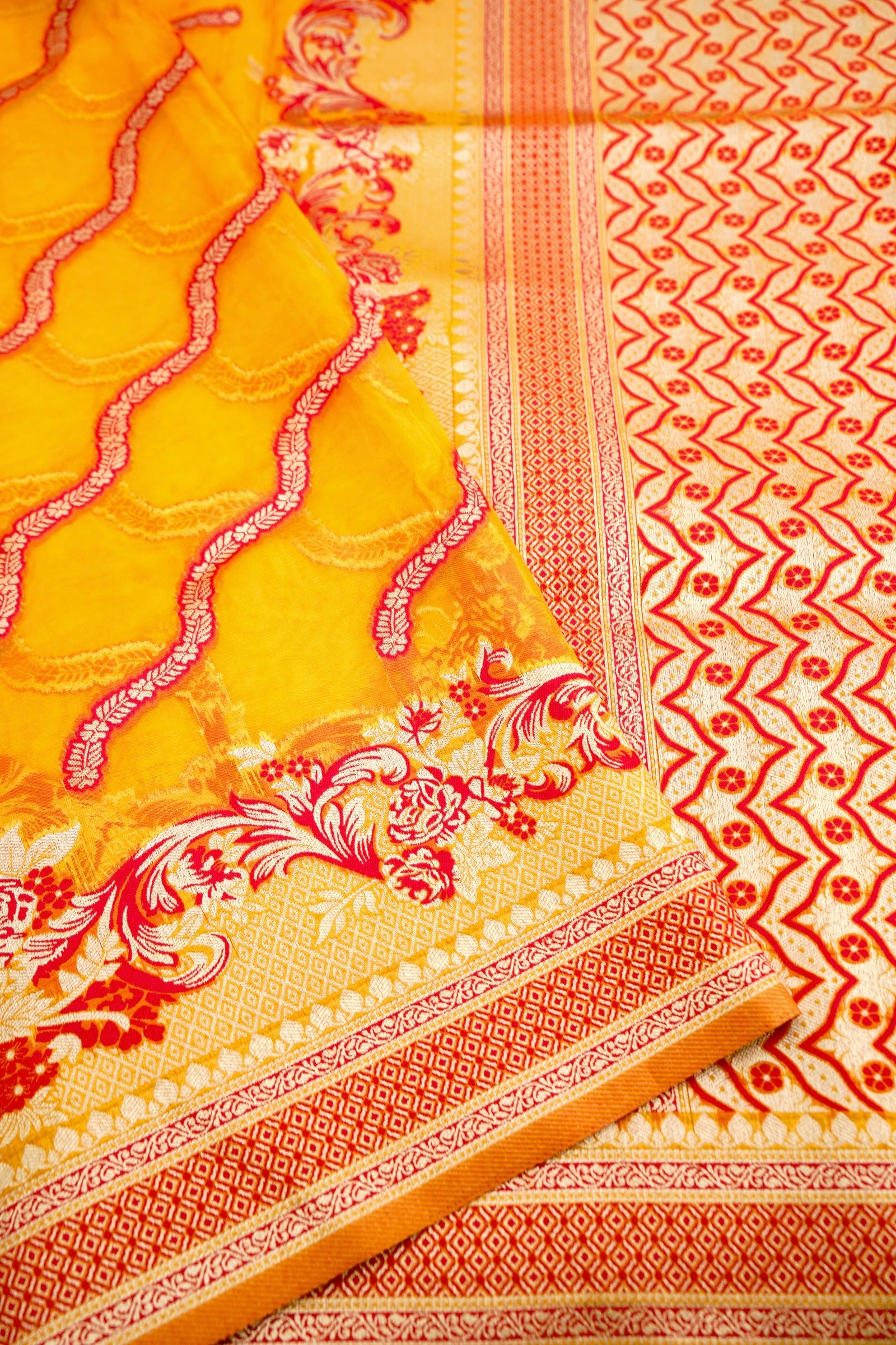 Yellow Adha Jaal Organza Banarasi Saree with Red Meenakari