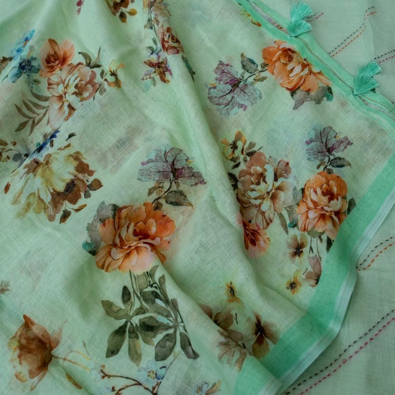 Green Linen Silk Printed Unstitched Suit Fabric
