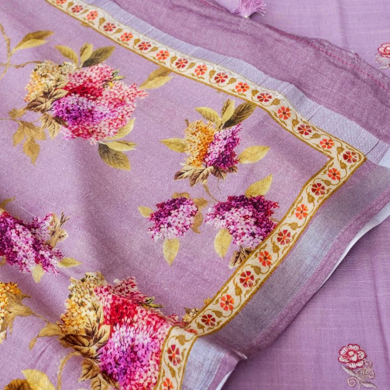 Lilac Linen Silk Embroidered Unstitched Suit Fabric