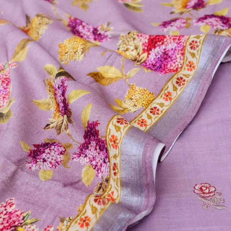 Lilac Linen Silk Embroidered Unstitched Suit Fabric