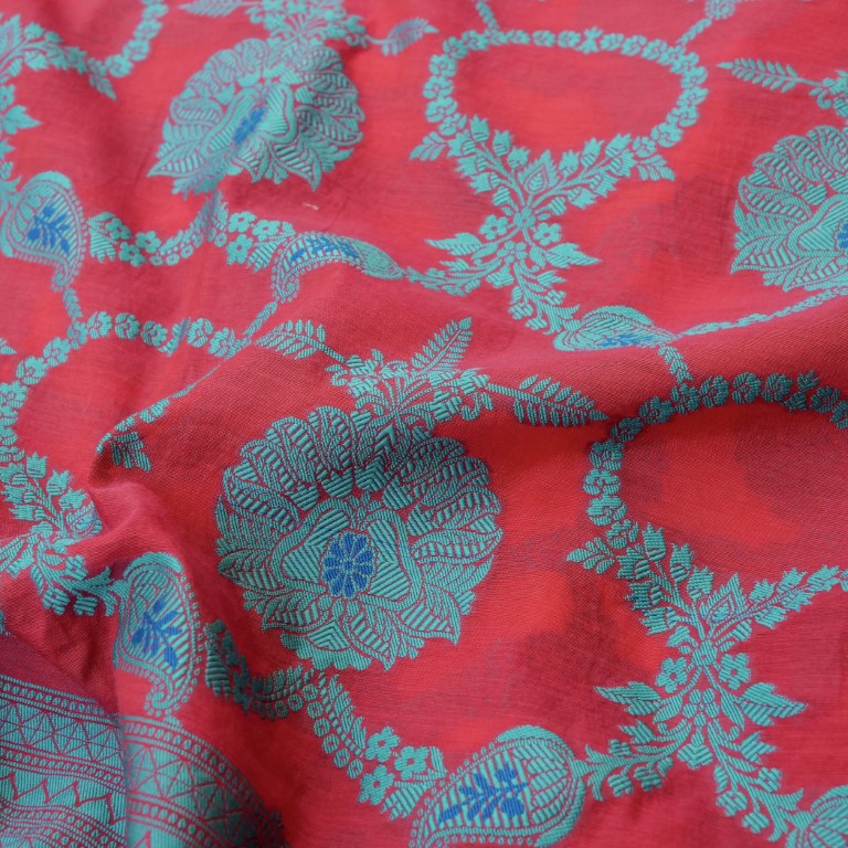 Red Cotton Silk Banarasi Unstitched Suit Fabric