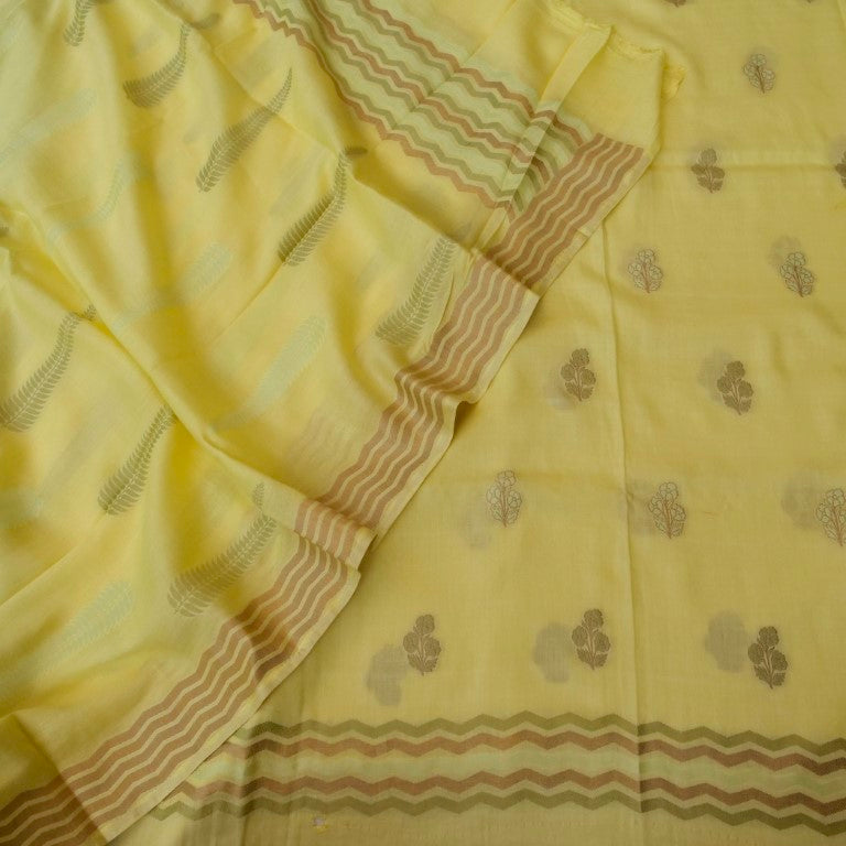 Lemon Yellow Cotton Silk Banarasi Unstitched Suit Fabric