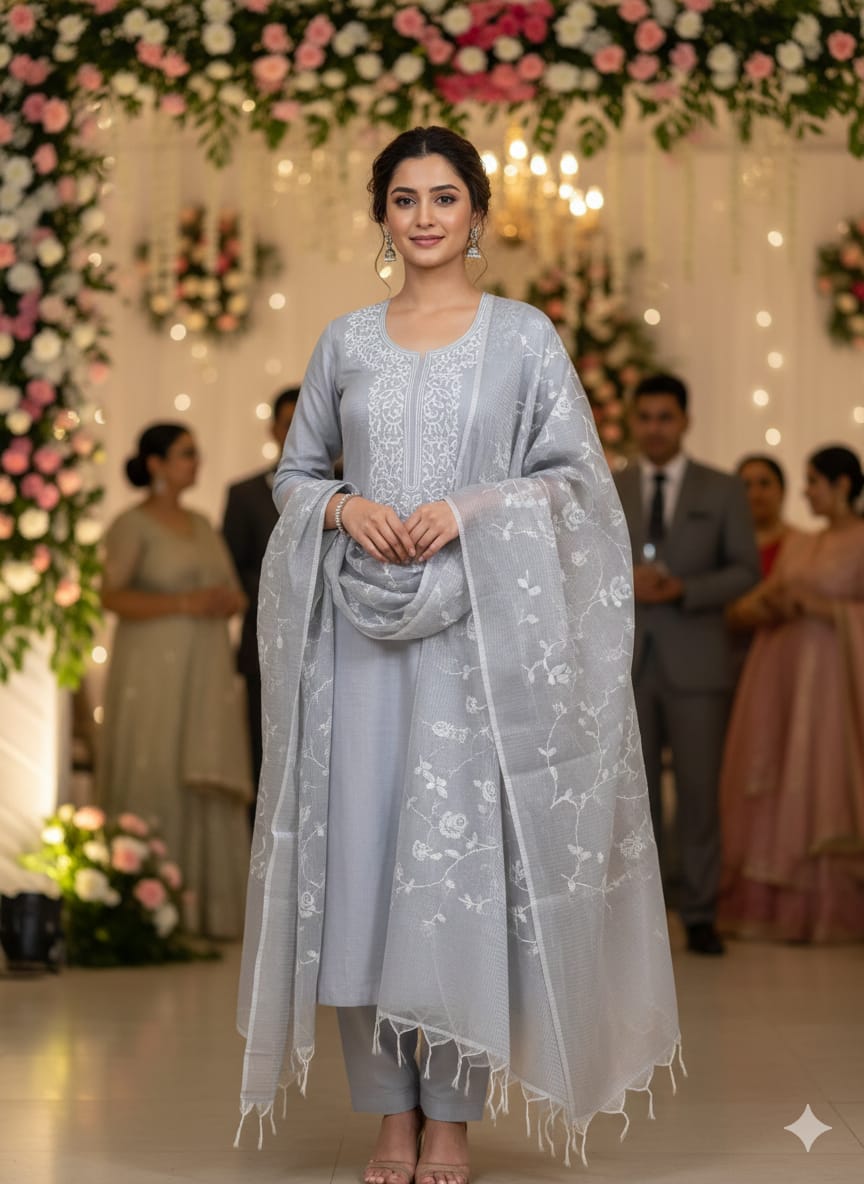 Gray Kota Silk Embroidered Unstitched Suit Fabric