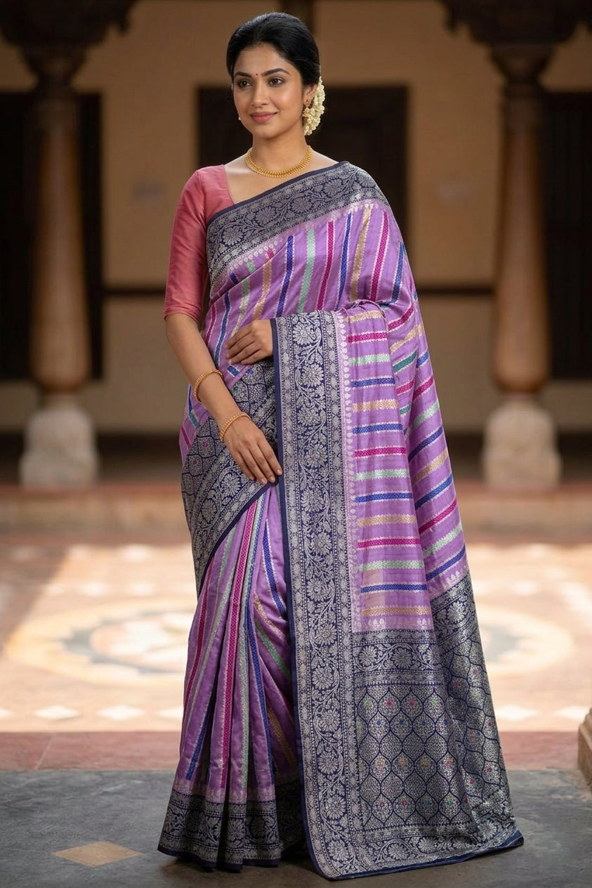 Lilac Raw Mango Silk Meena Striped Saree