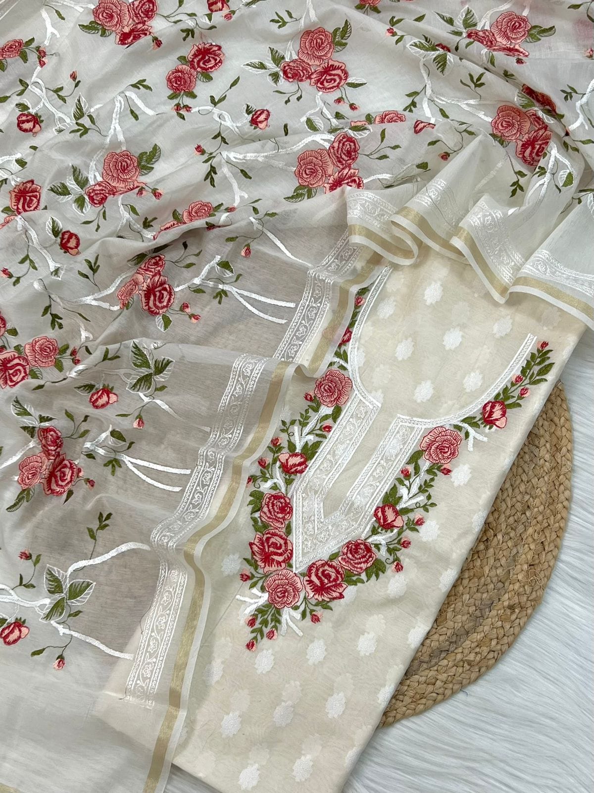 White Embroidered Red Threadwork Jacquard Suit Fabric with Kota Dupatta
