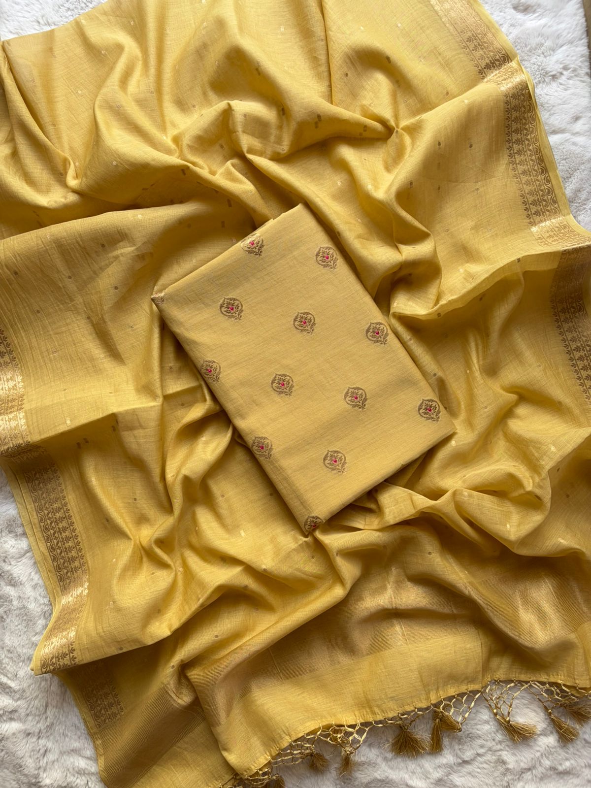 Yellow Mul Chanderi Silk Buti Suit Fabric