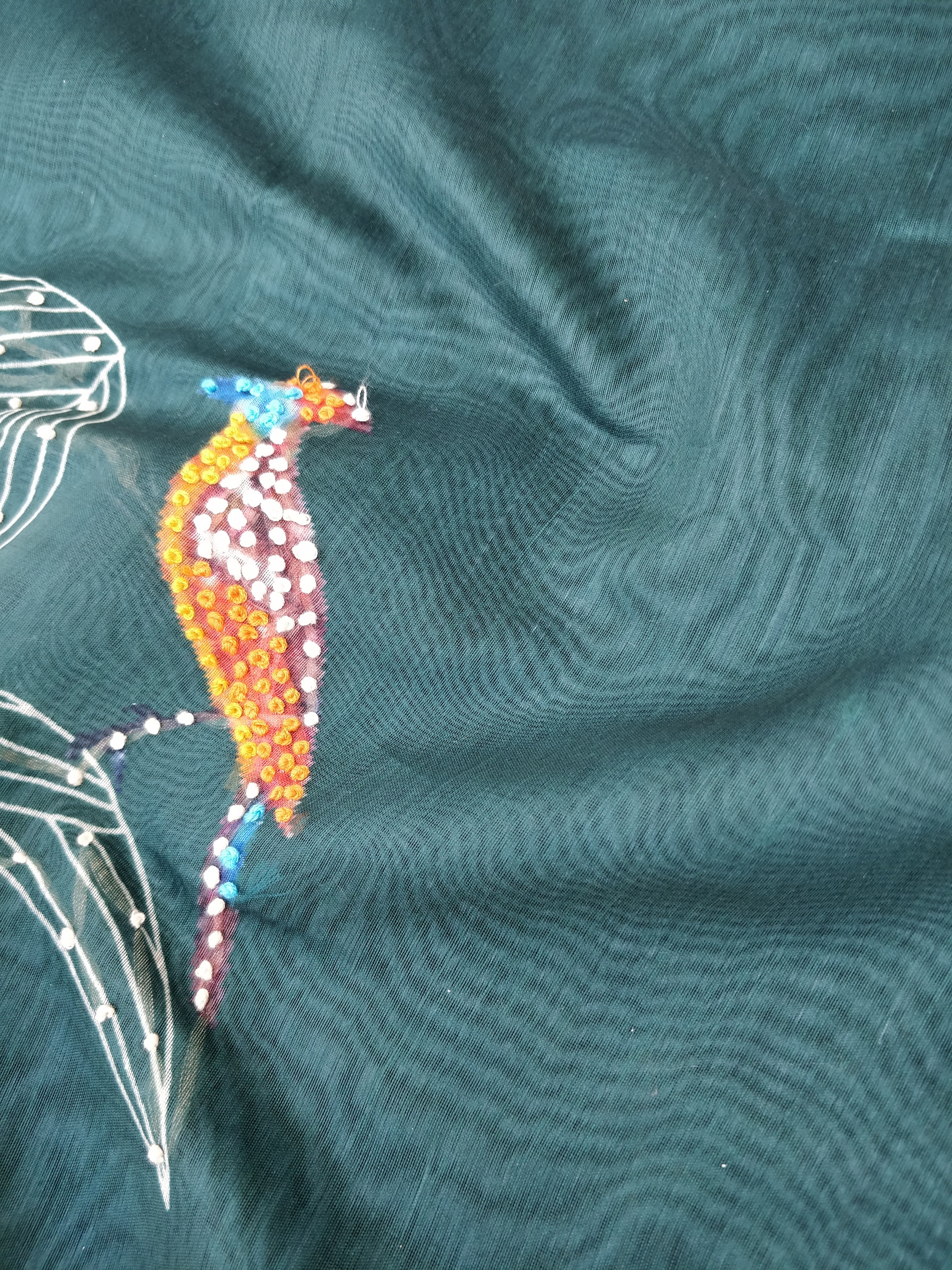 Green Mul Chanderi Silk Digital Print With Hand Embroidery Saree