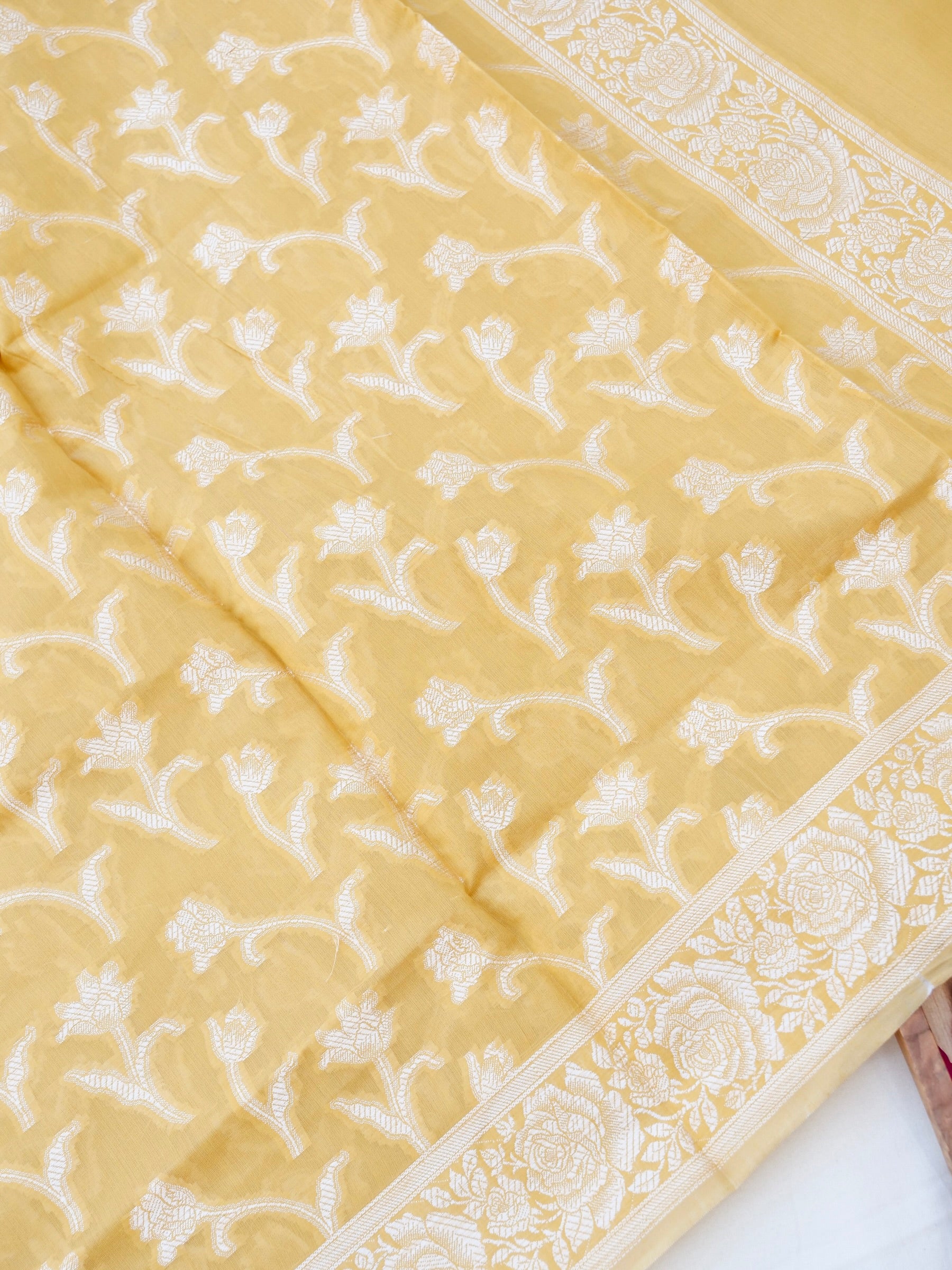 Yellow Banarasi Cotton Unstitched Suit Set