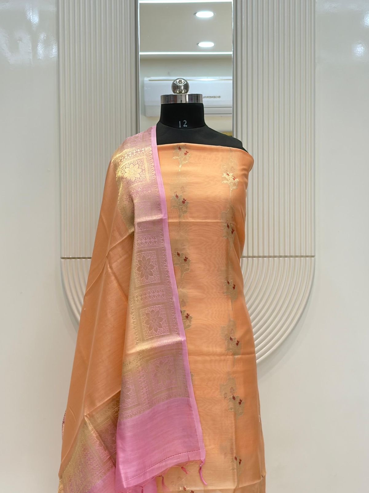 Peach Pure Chanderi Silk Buti Suit Fabric