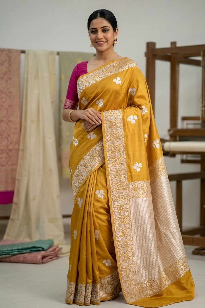 Yellow Crepe Banarasi Saree with Gold & Silver Zari