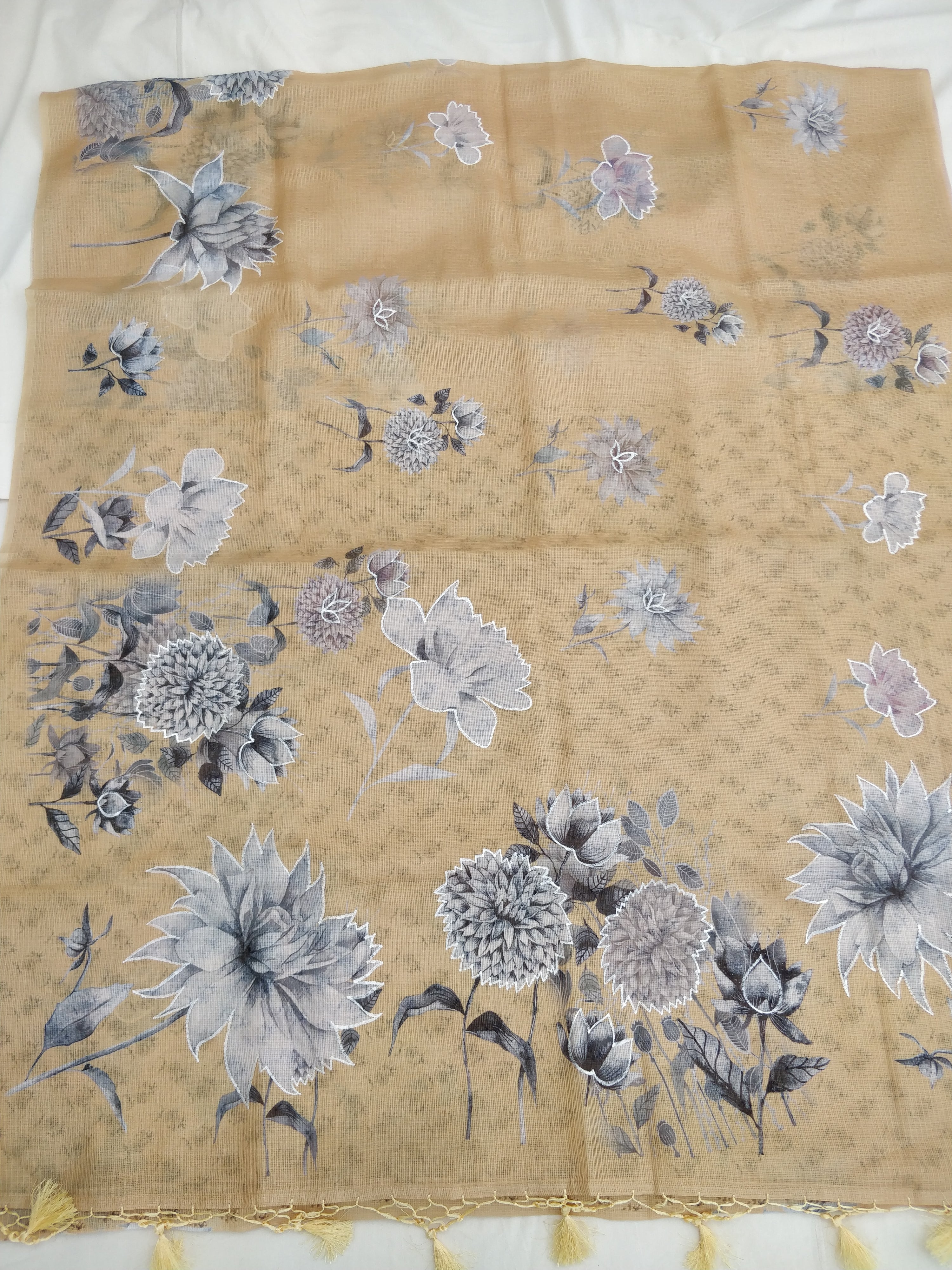 Yellow Kota Floral Print With Embroidery Saree