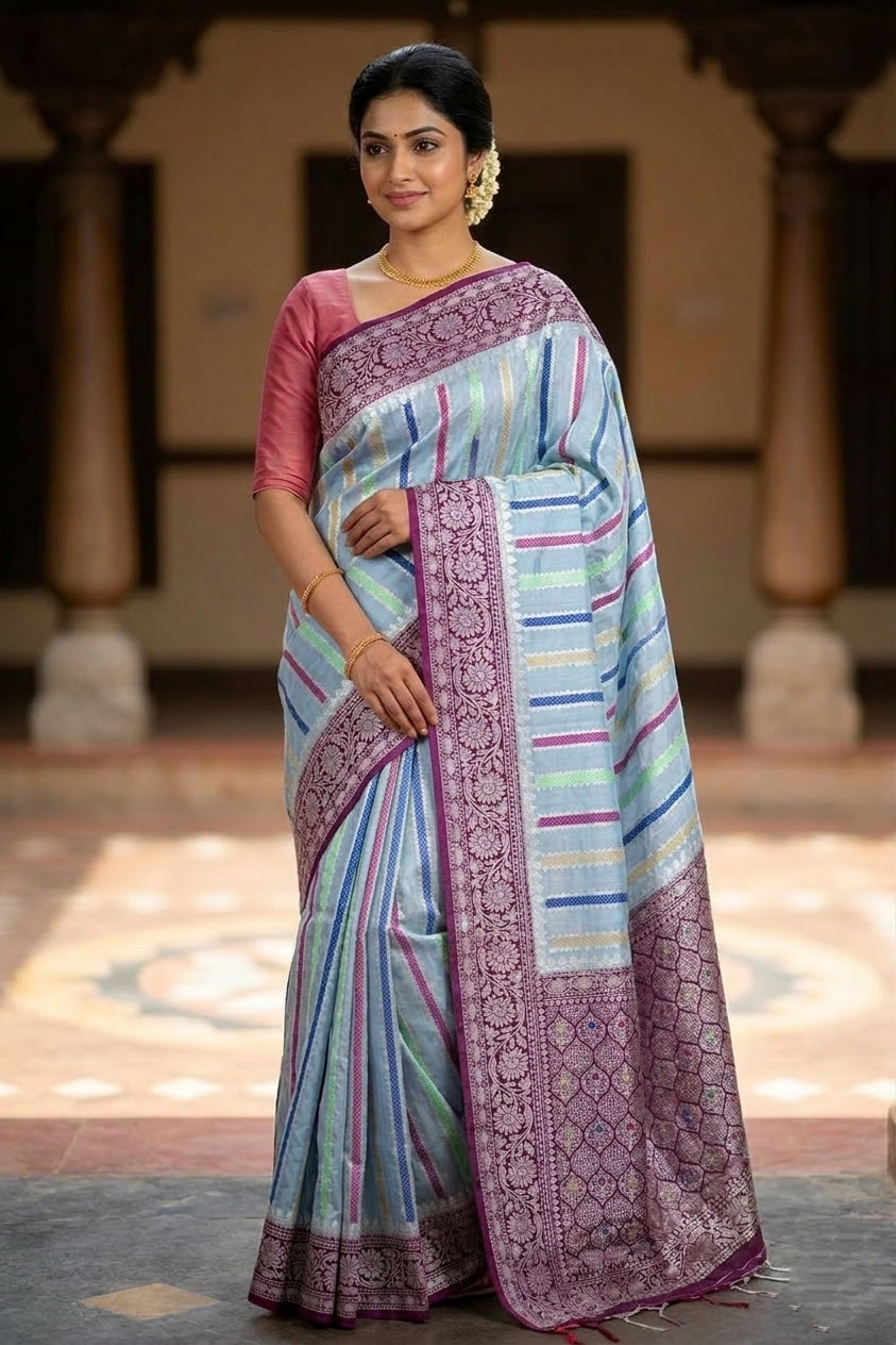 Grey Raw Mango Silk Meena Striped Saree