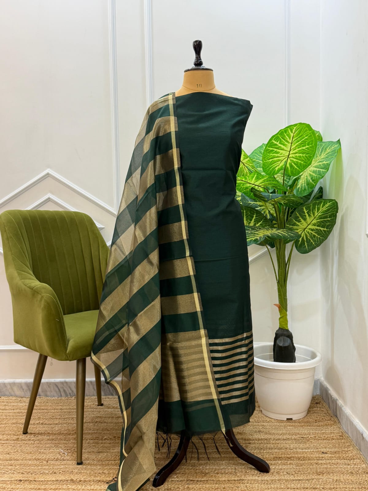 Green Cotton Silk Suit With Stripe Zari Dupatta