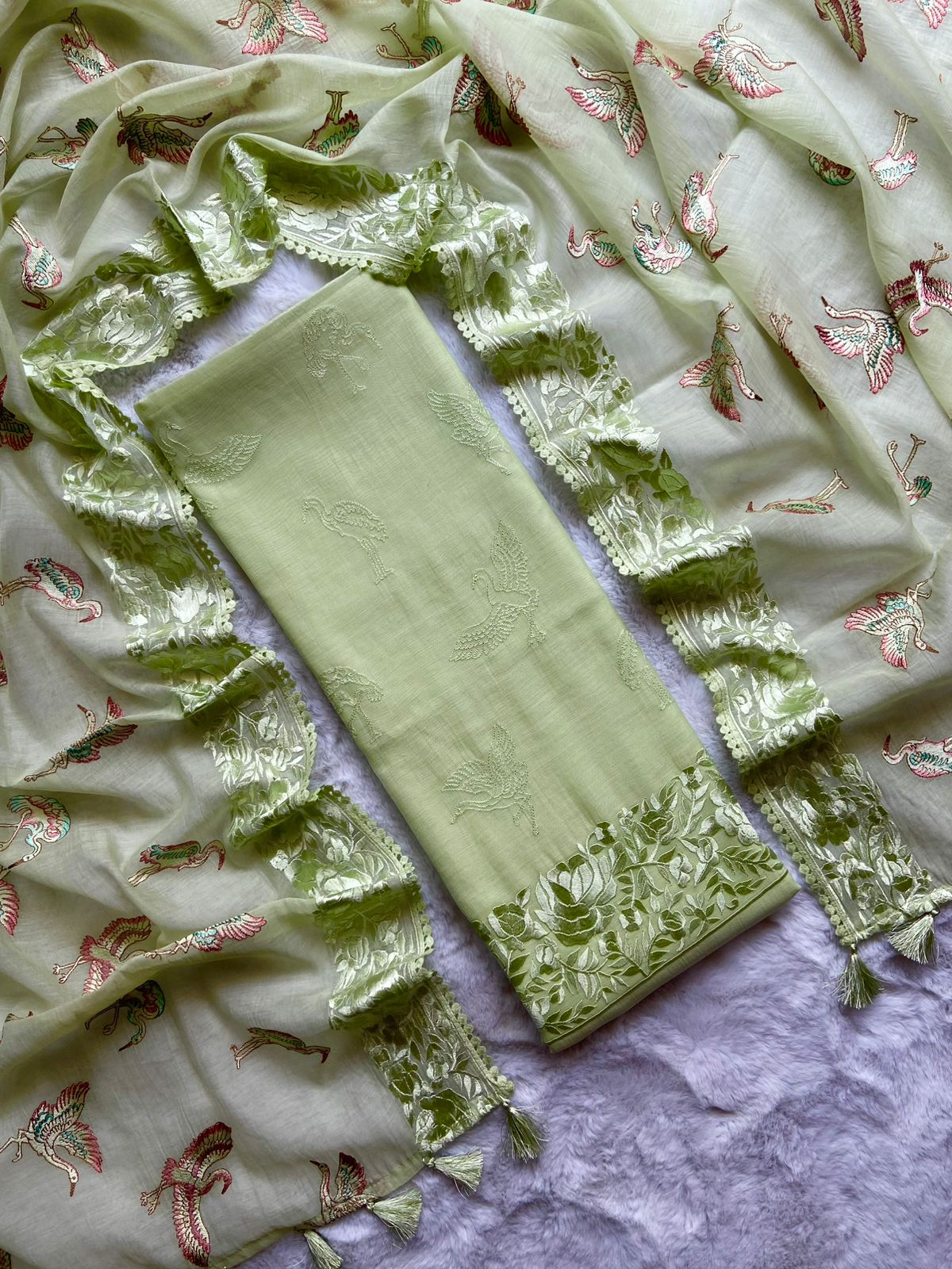 Light Green Mul Cotton Embroidery Suit Fabric