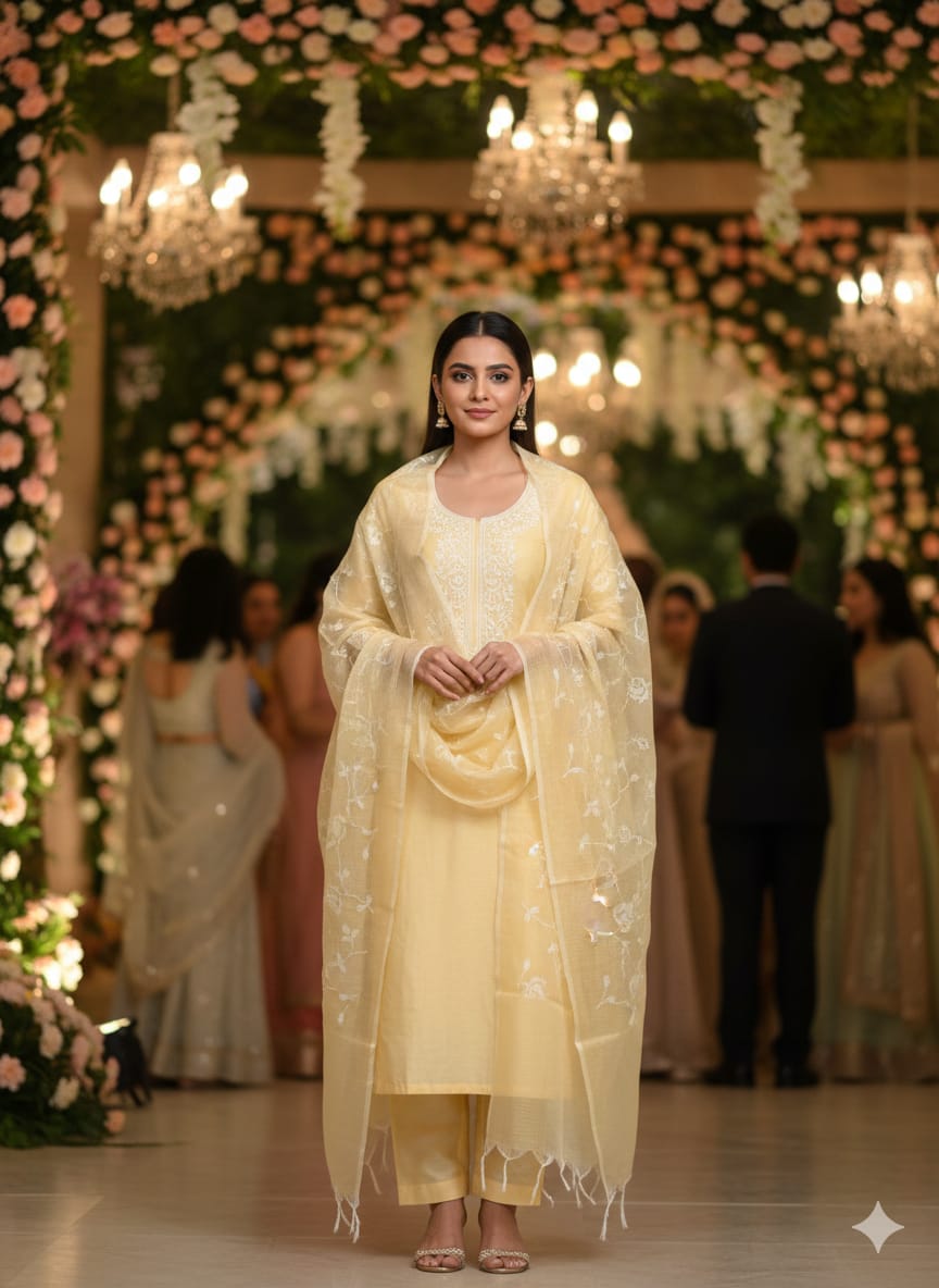 Light Yellow Kota Silk Embroidered Unstitched Suit Fabric