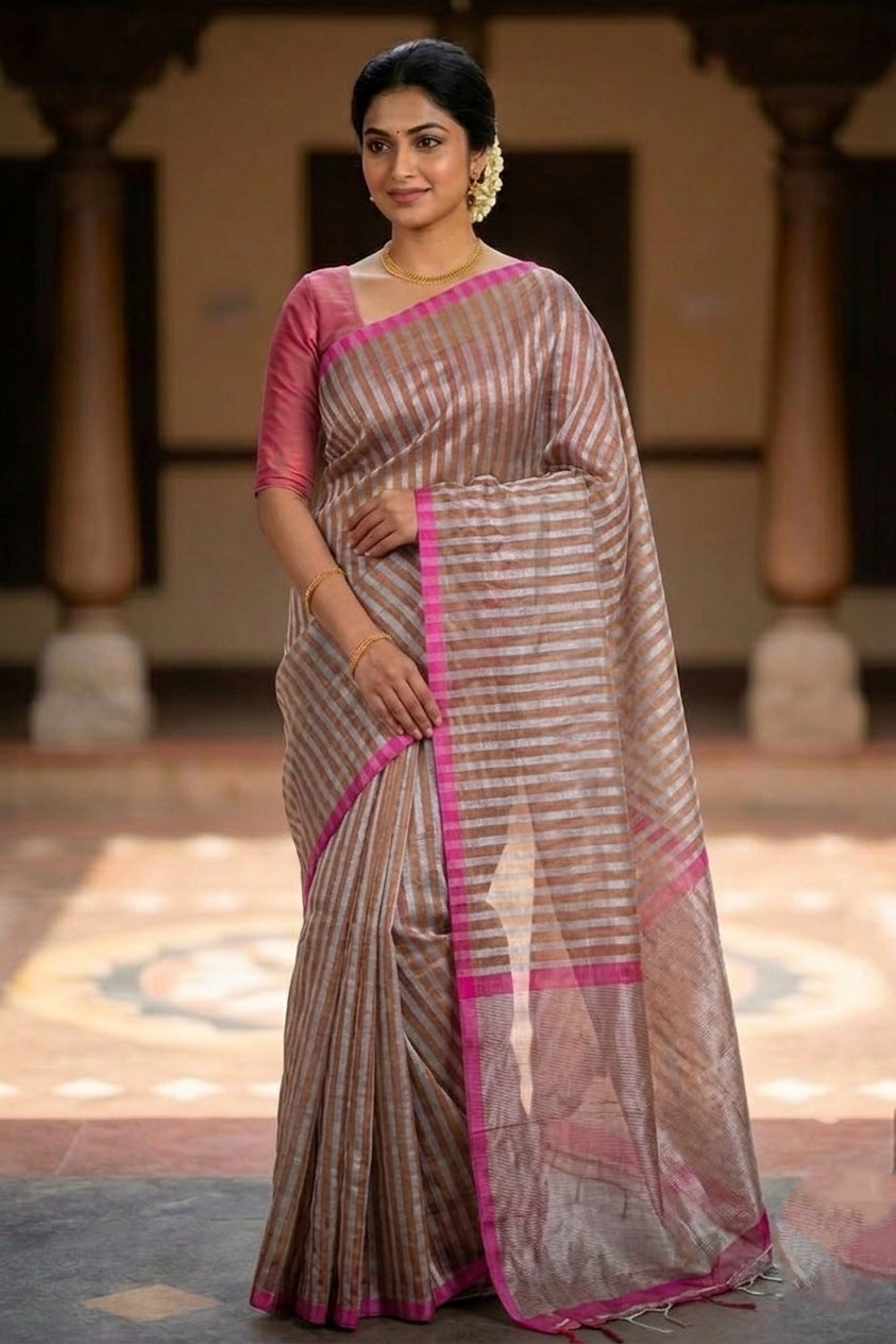 Striped Tissue Banarasi Saree without Border