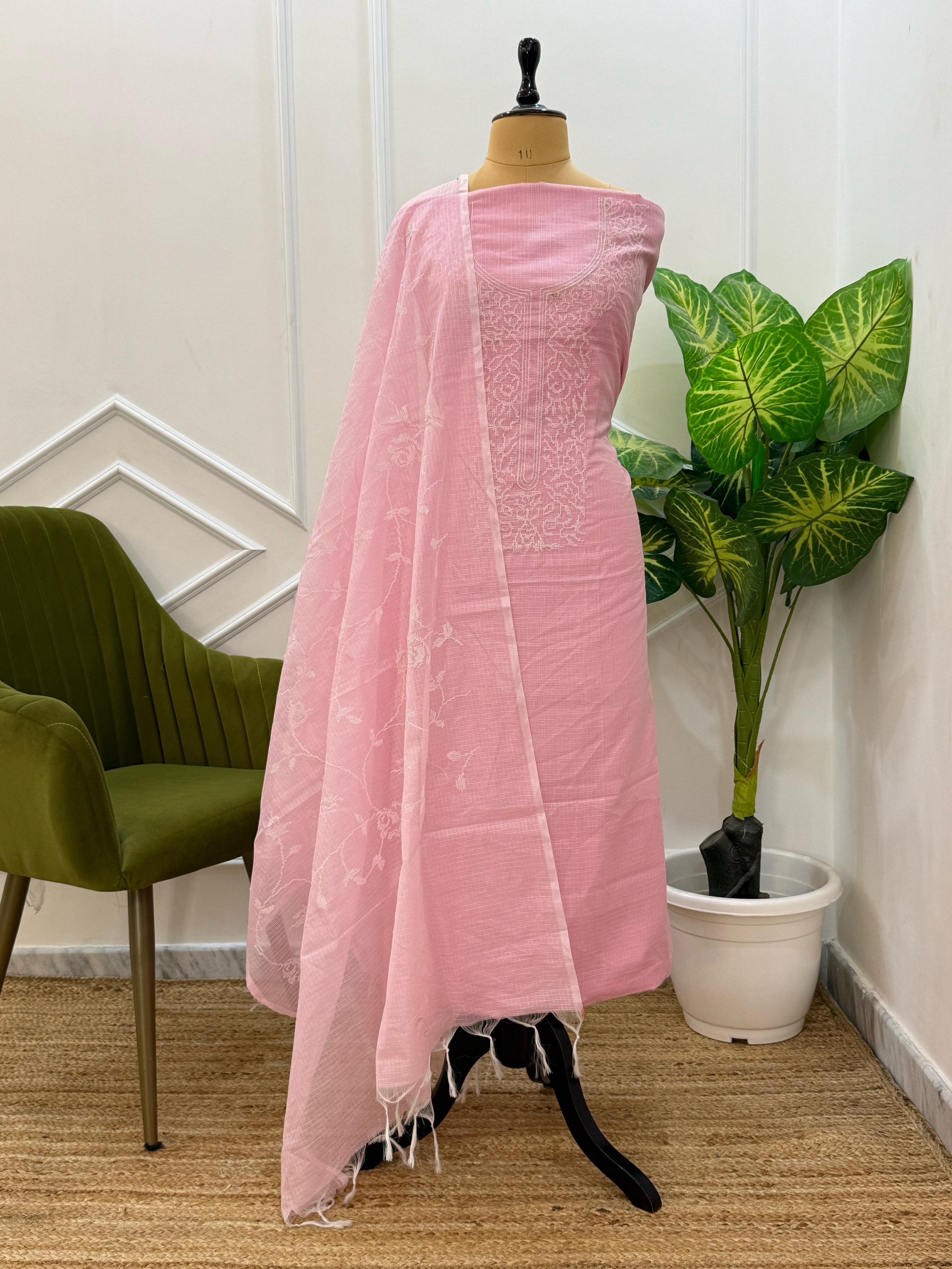 Pink Kota Silk Embroidered Unstitched Suit