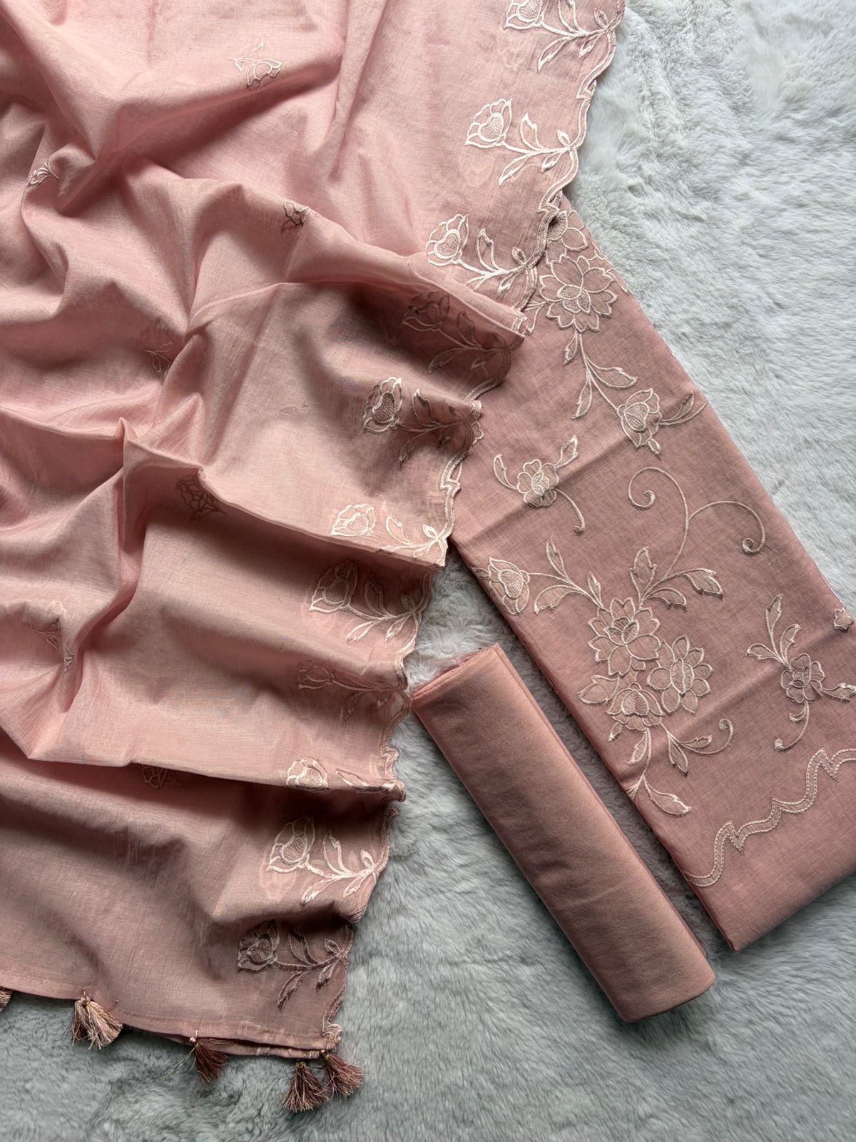 Peach Mul Cotton With Applique Work Suit Fabric