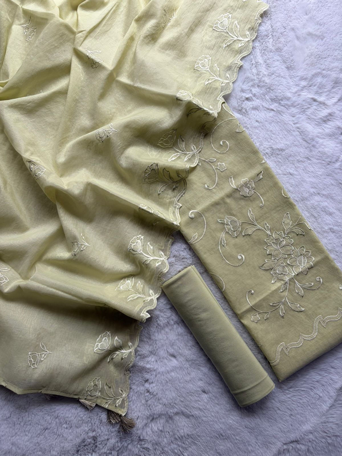 Pista Green Mul Cotton With Applique Work Suit Fabric