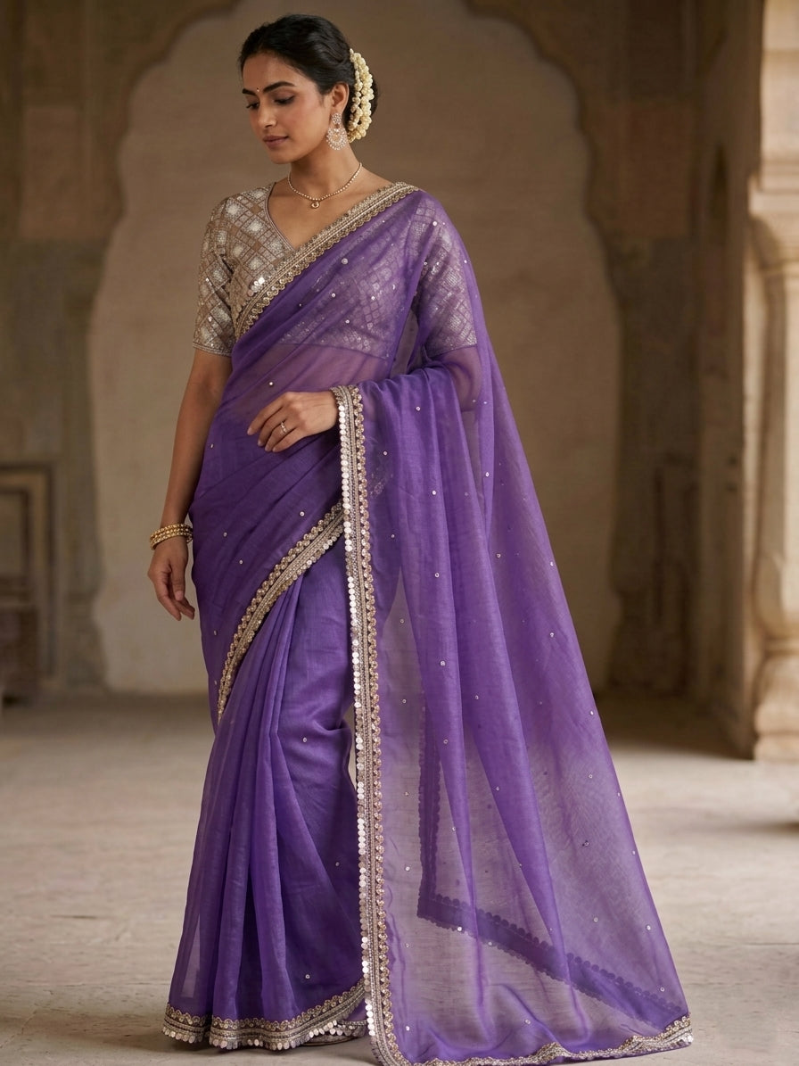 Purple Tissue Silk Saree with Embellished Border