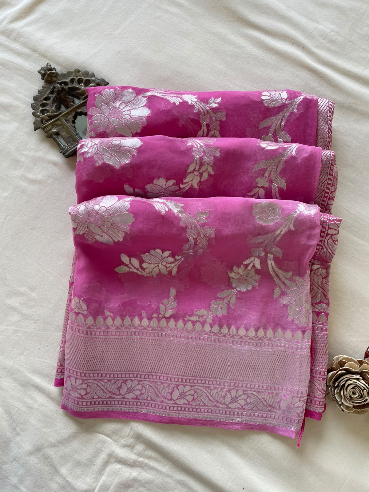 Pink Handwoven Pure Georgette Silk Jangla Banarasi Saree