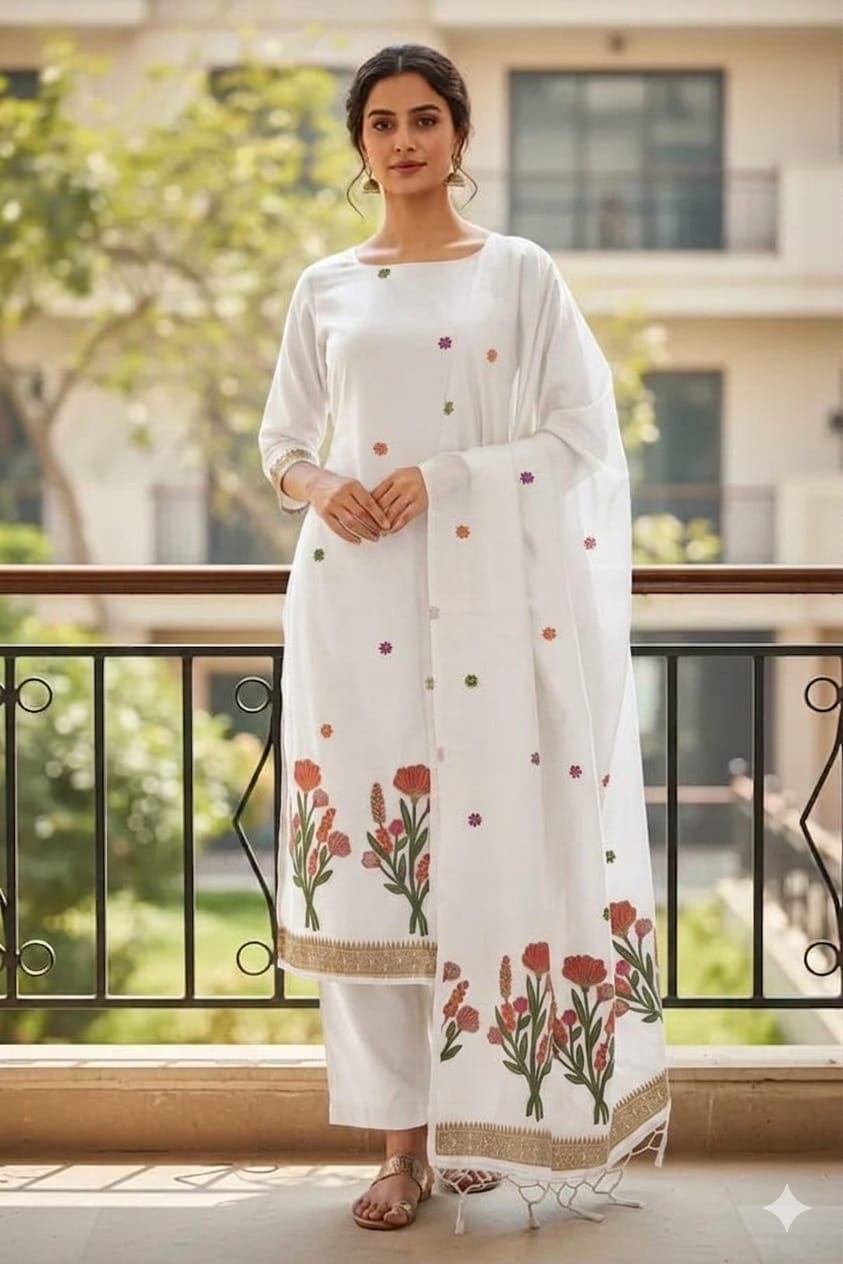 White Cotton Zamadani Banarasi Suit Fabric