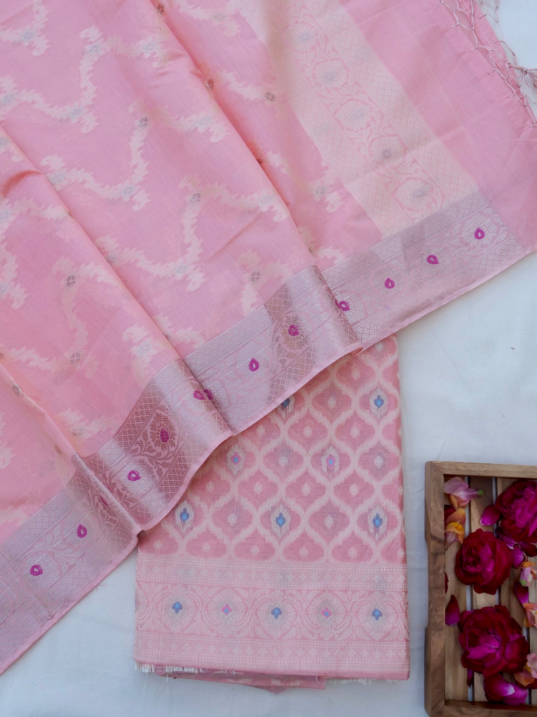 Pink Banarasi Cotton Silk Unstitched Suit Set