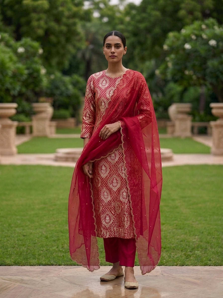 Red Handwoven Silk Banarasi Suit Fabric