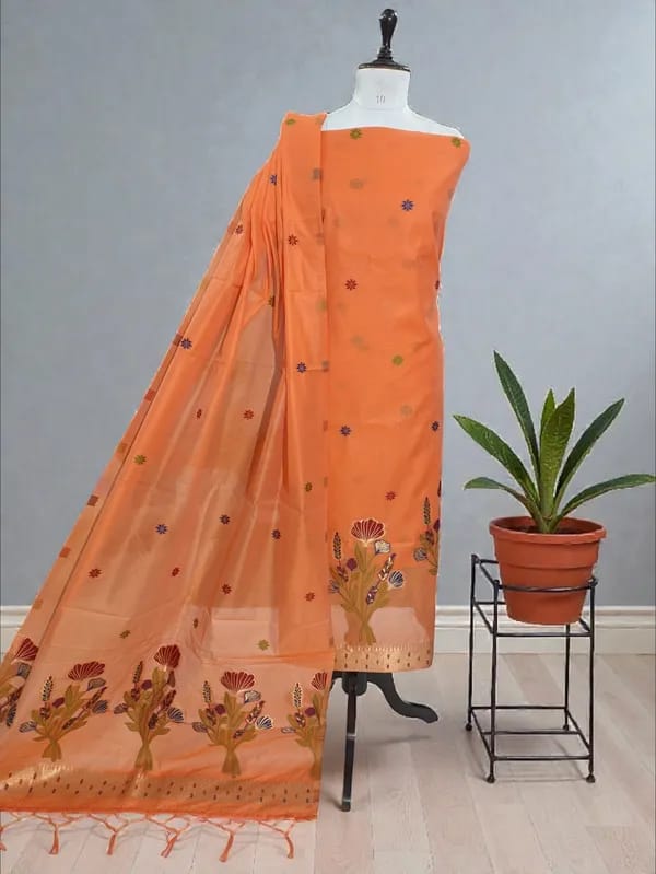 Orange Cotton Zamadani Banarasi Suit Fabric