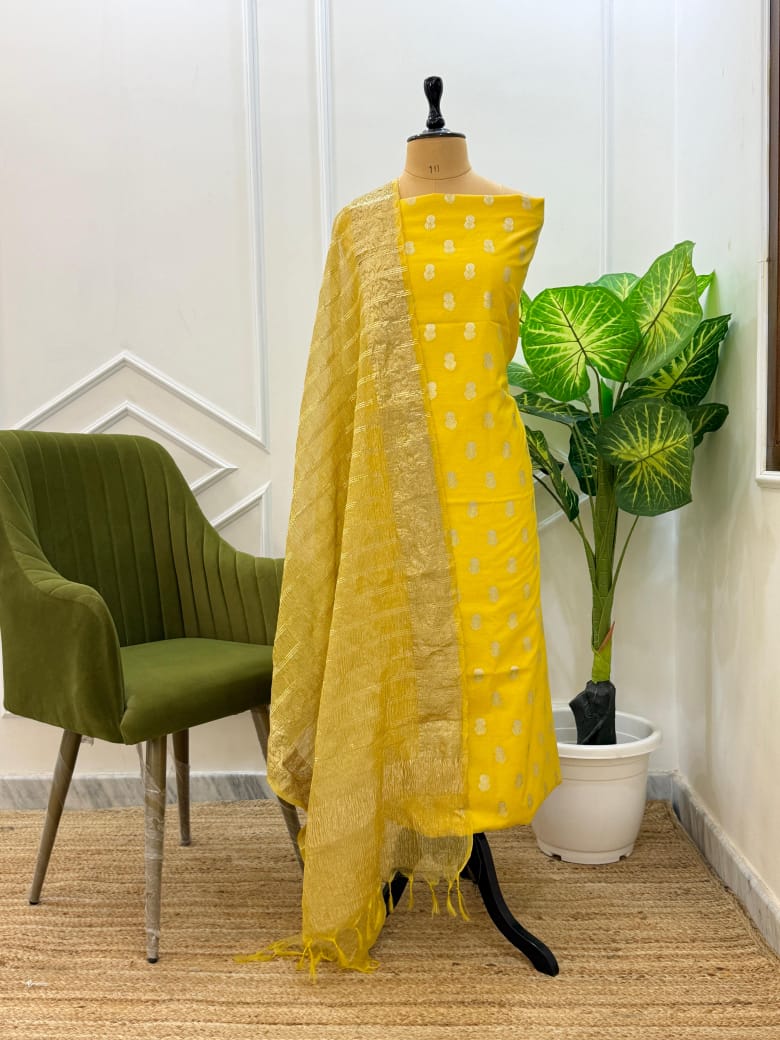 Yellow Cotton Silk Buti Banarasi Suit Set