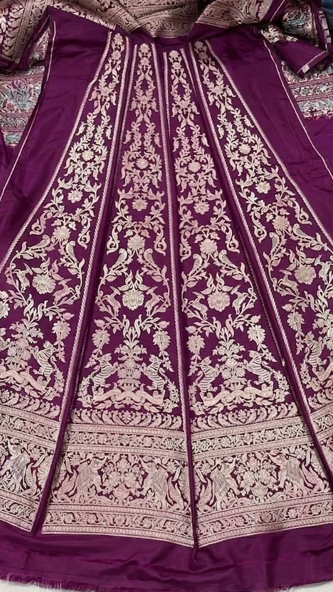 Purple Handwoven Pure Satin Silk Kadhua Shikargah Banarasi Lehenga Panels