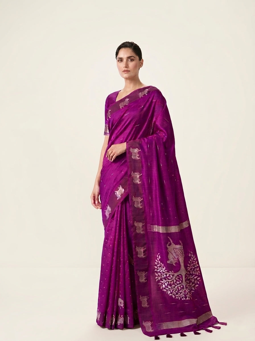 Purple Semi Kataan Pichwai Banarasi Saree With Satin Border