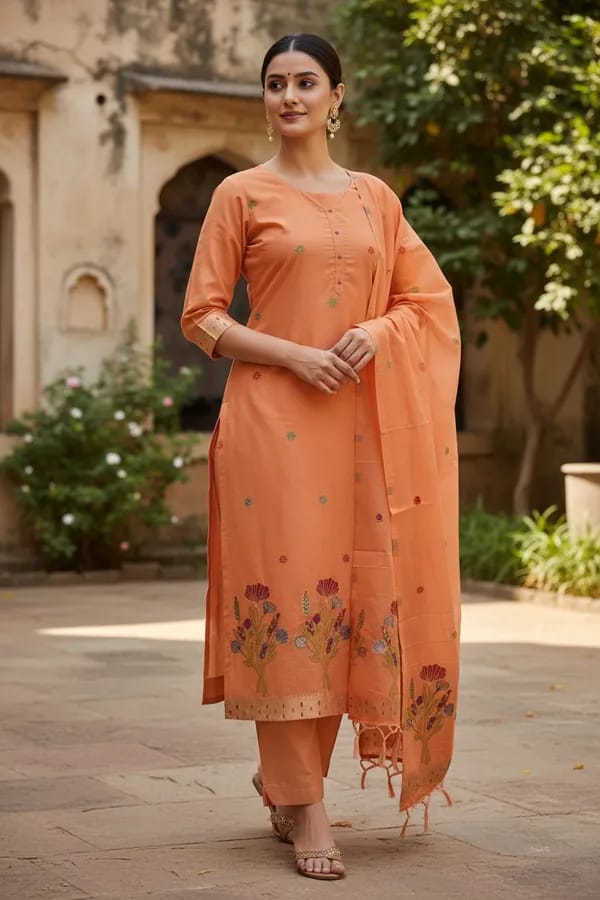 Orange Cotton Zamadani Banarasi Suit Fabric